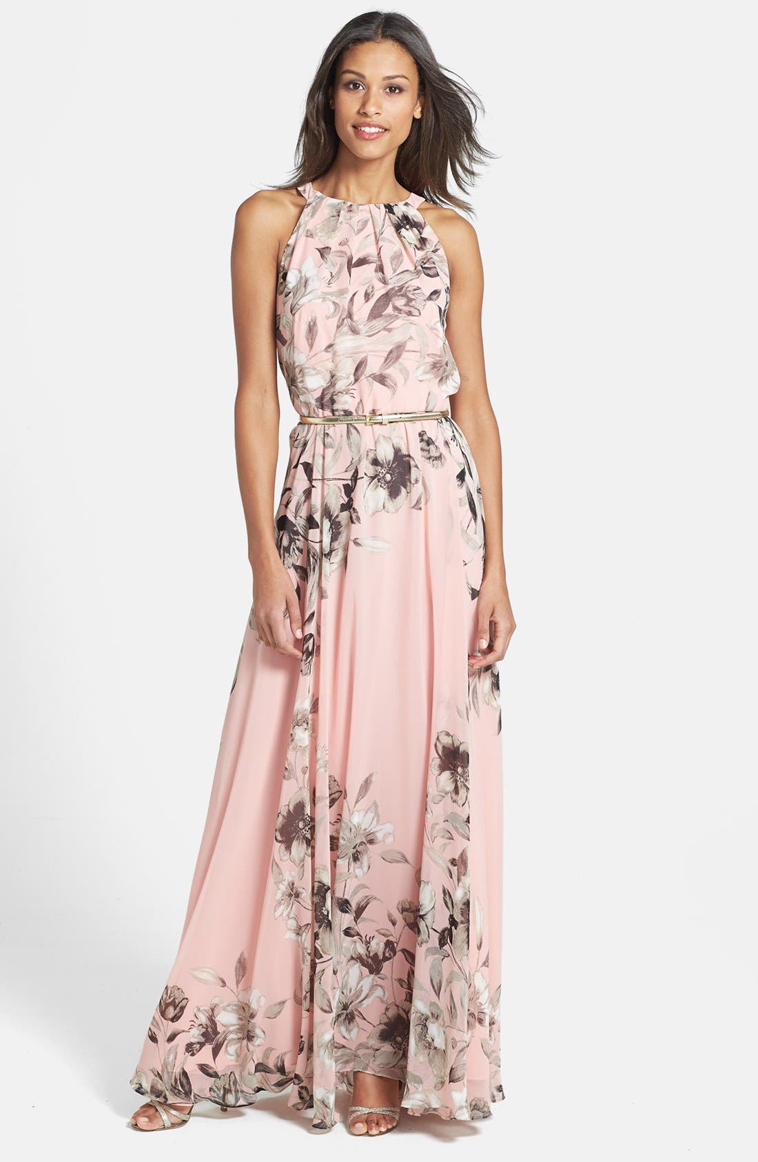 Eliza J Belted Chiffon Maxi Dress, Pink