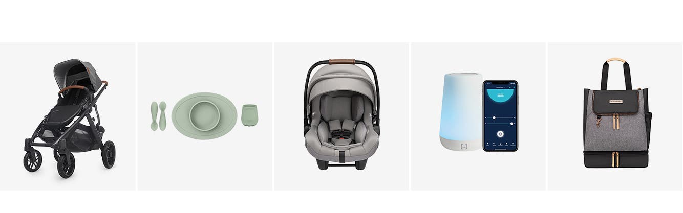 A stroller; a baby feeding set with cup, bowl and spoons; an infant car seat; a smart sound machine with night light; a grey-and-black diaper bag.