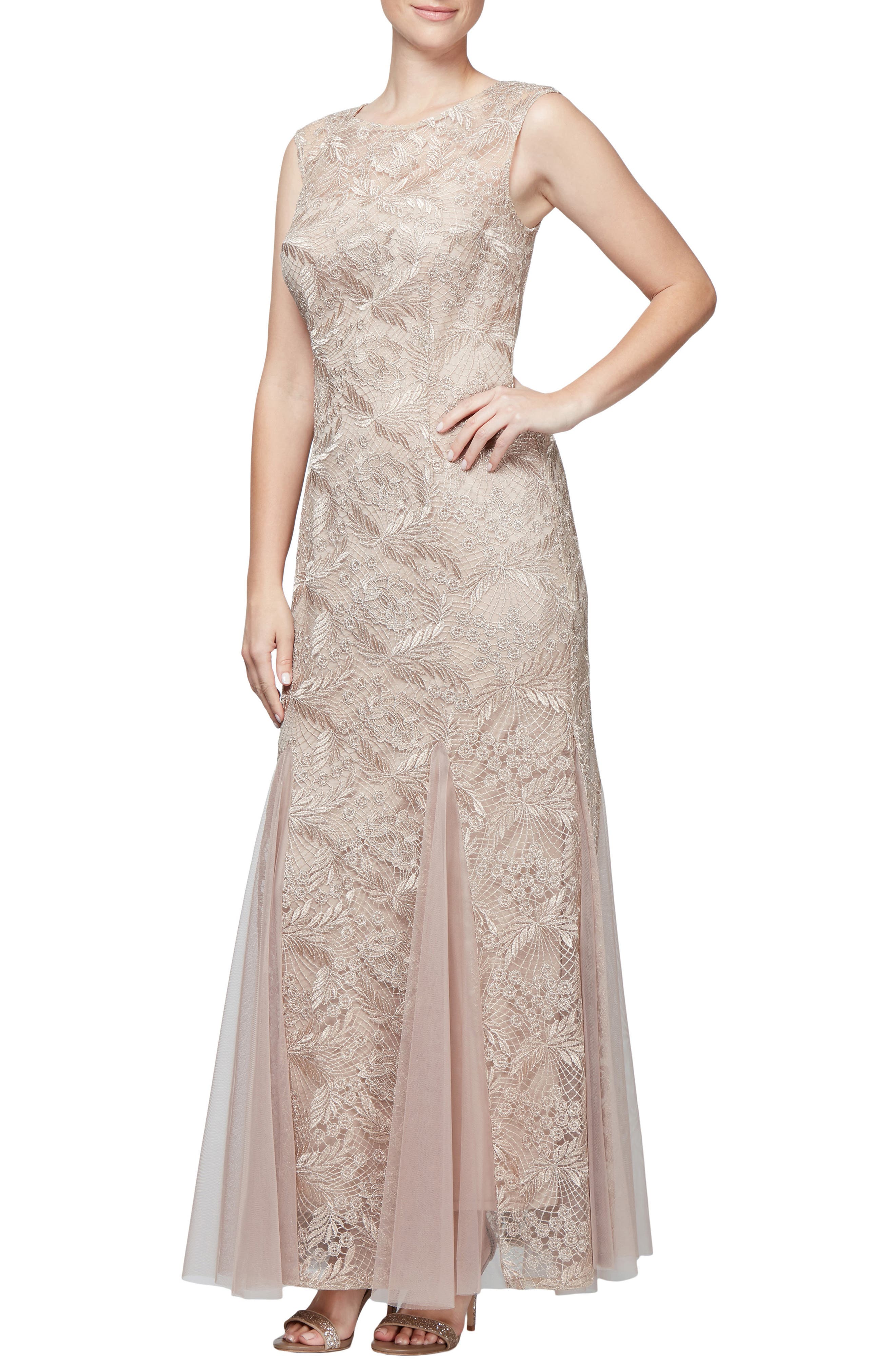 Alex Evenings Embroidered Lace Gown, Beige