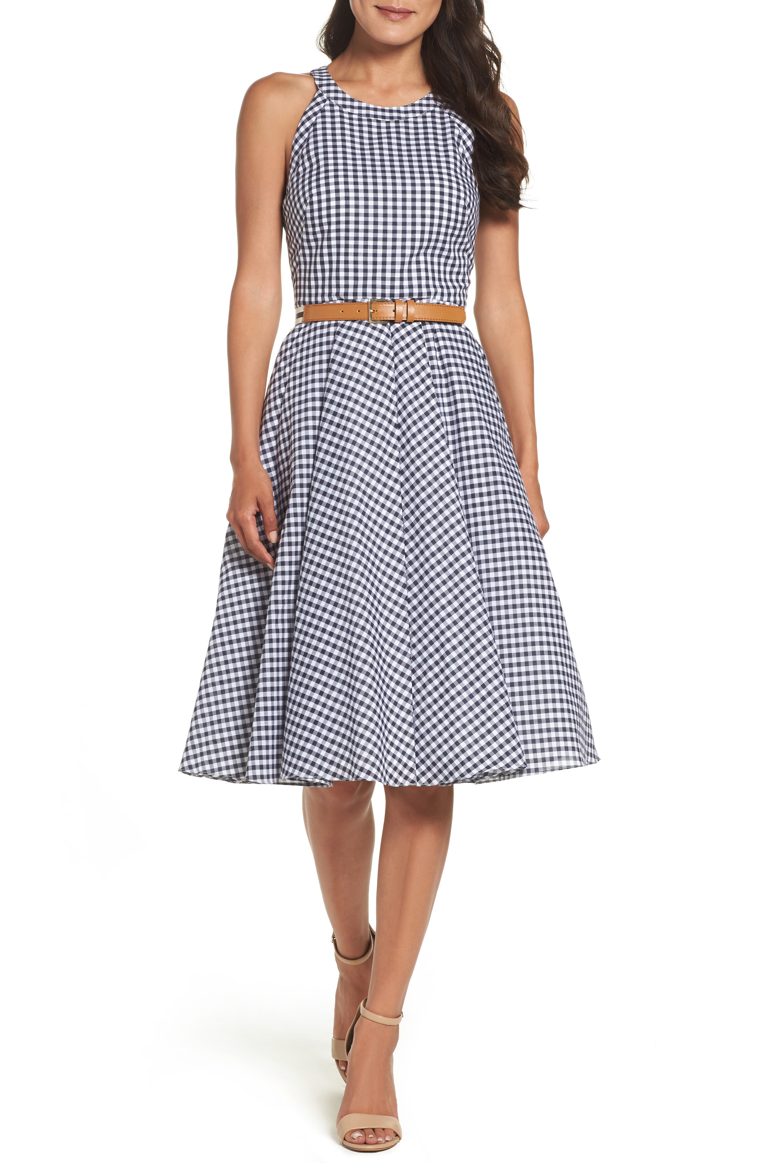 Eliza J Belted Halter Fit & Flare Dress, Blue