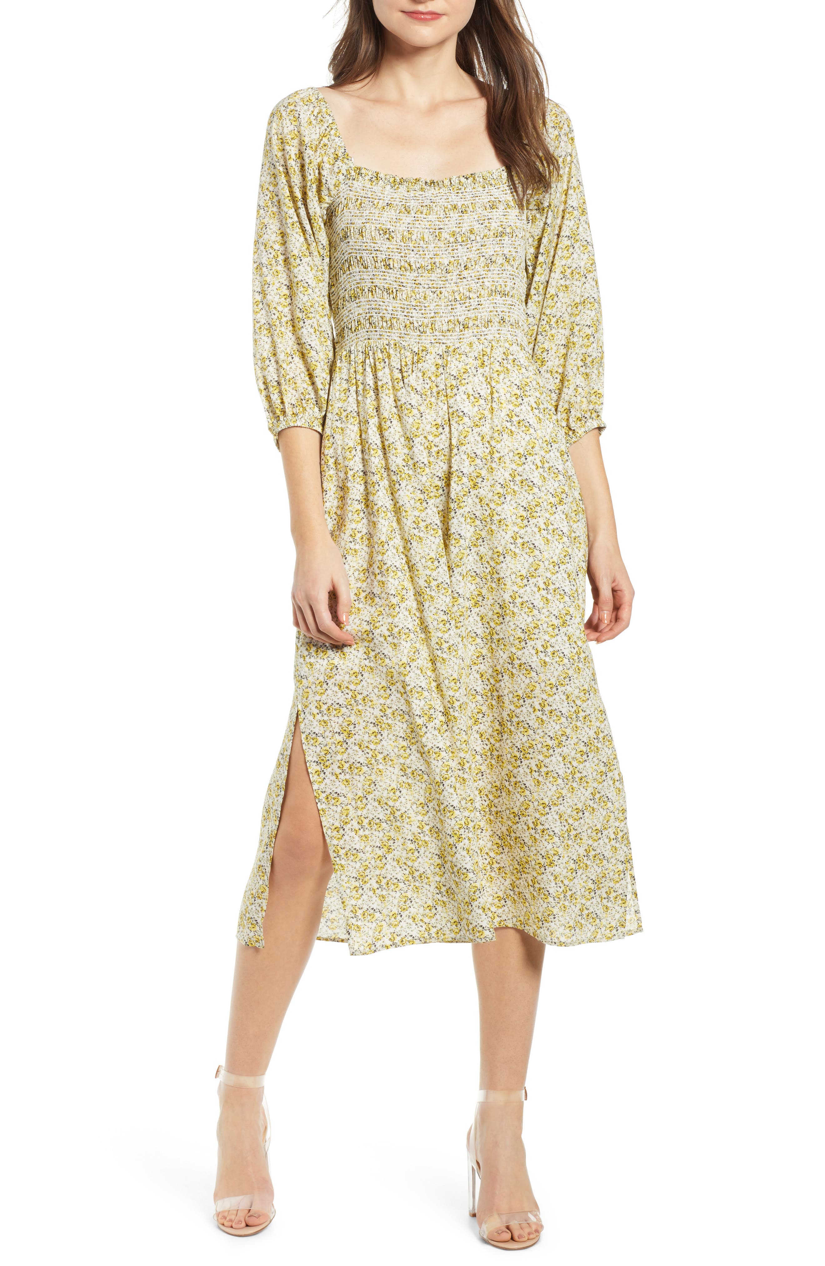 Wayf Nevaeh Smocked Midi Dress, Yellow