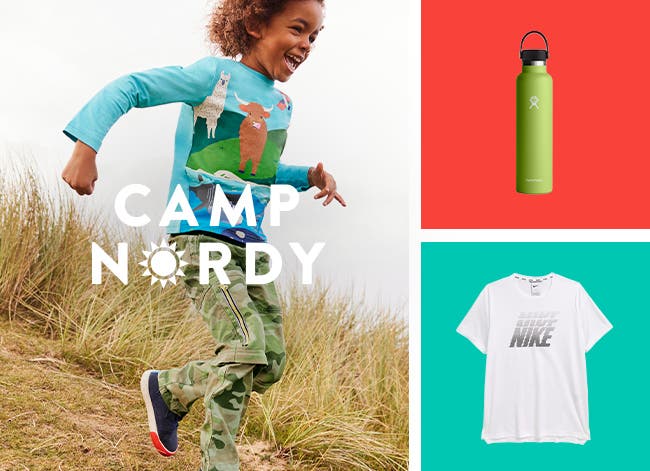Camp Nordy. Boy wearing an animal-patterned top, camouflage pants and active shoes. Hydro Flask water bottle and Nike T-shirt.