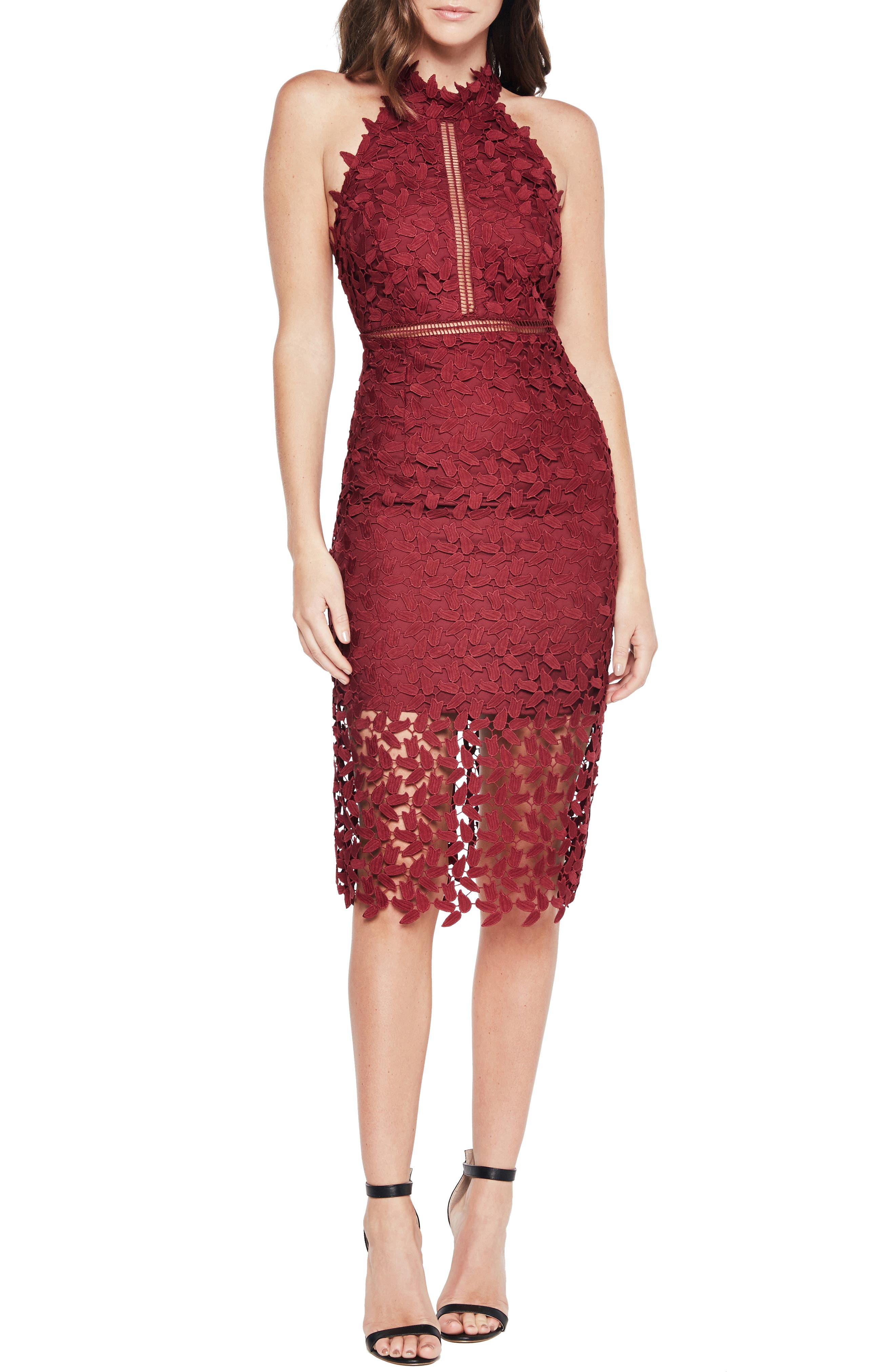 Bardot Gemma Halter Lace Sheath Dress, Red