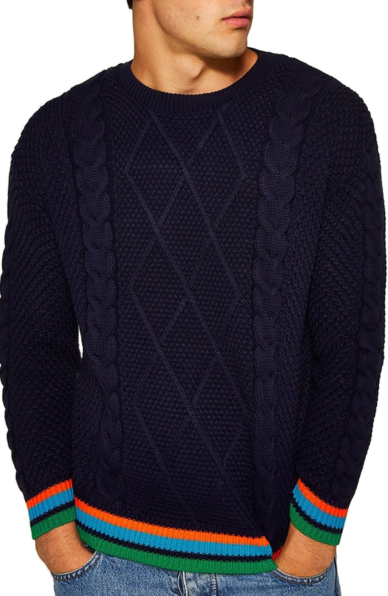 Topman Classic Fit Cable Knit Sweater, Blue