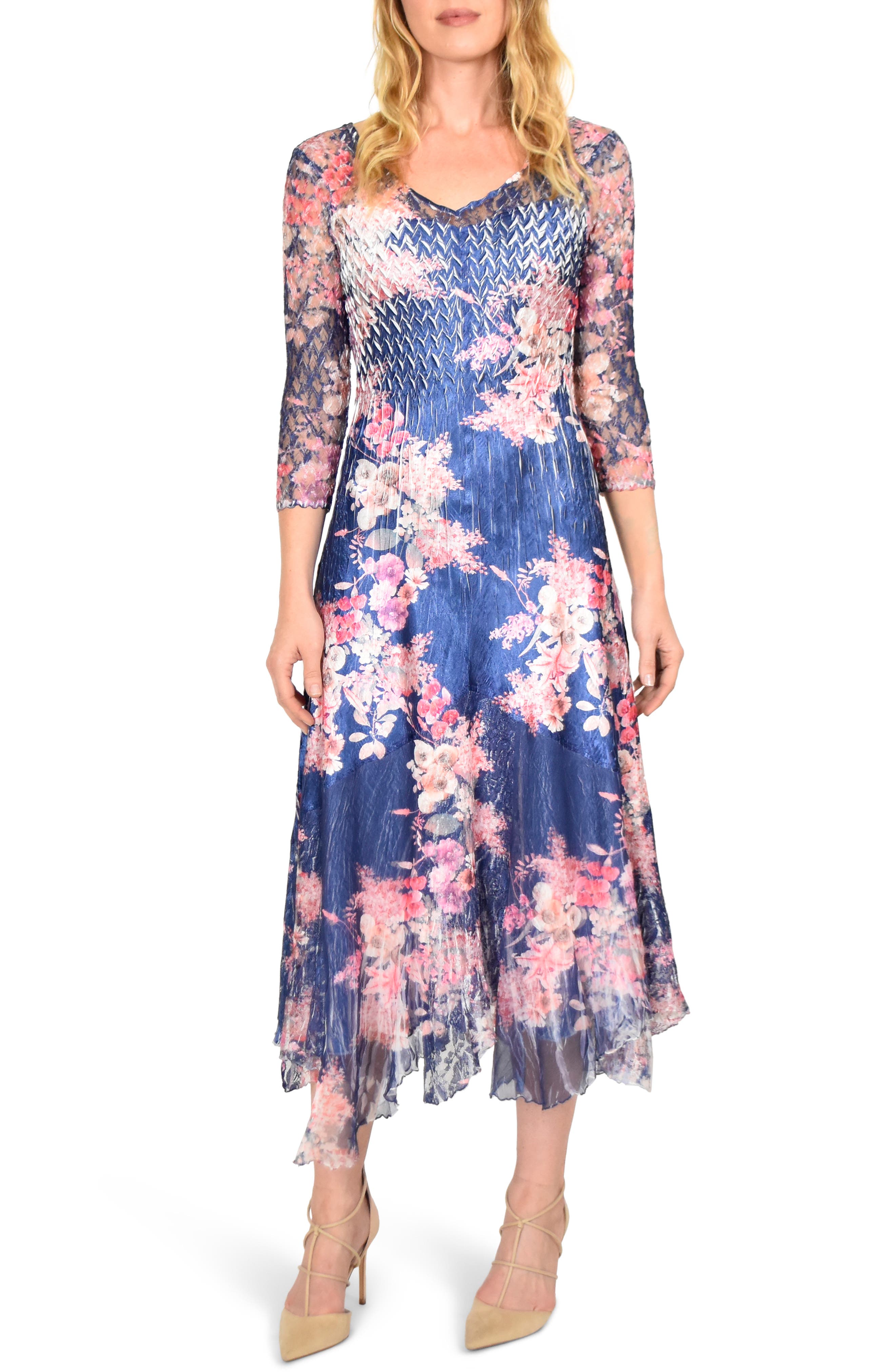 Komarov Asymmetrical Charmeuse & Chiffon Dress, Blue