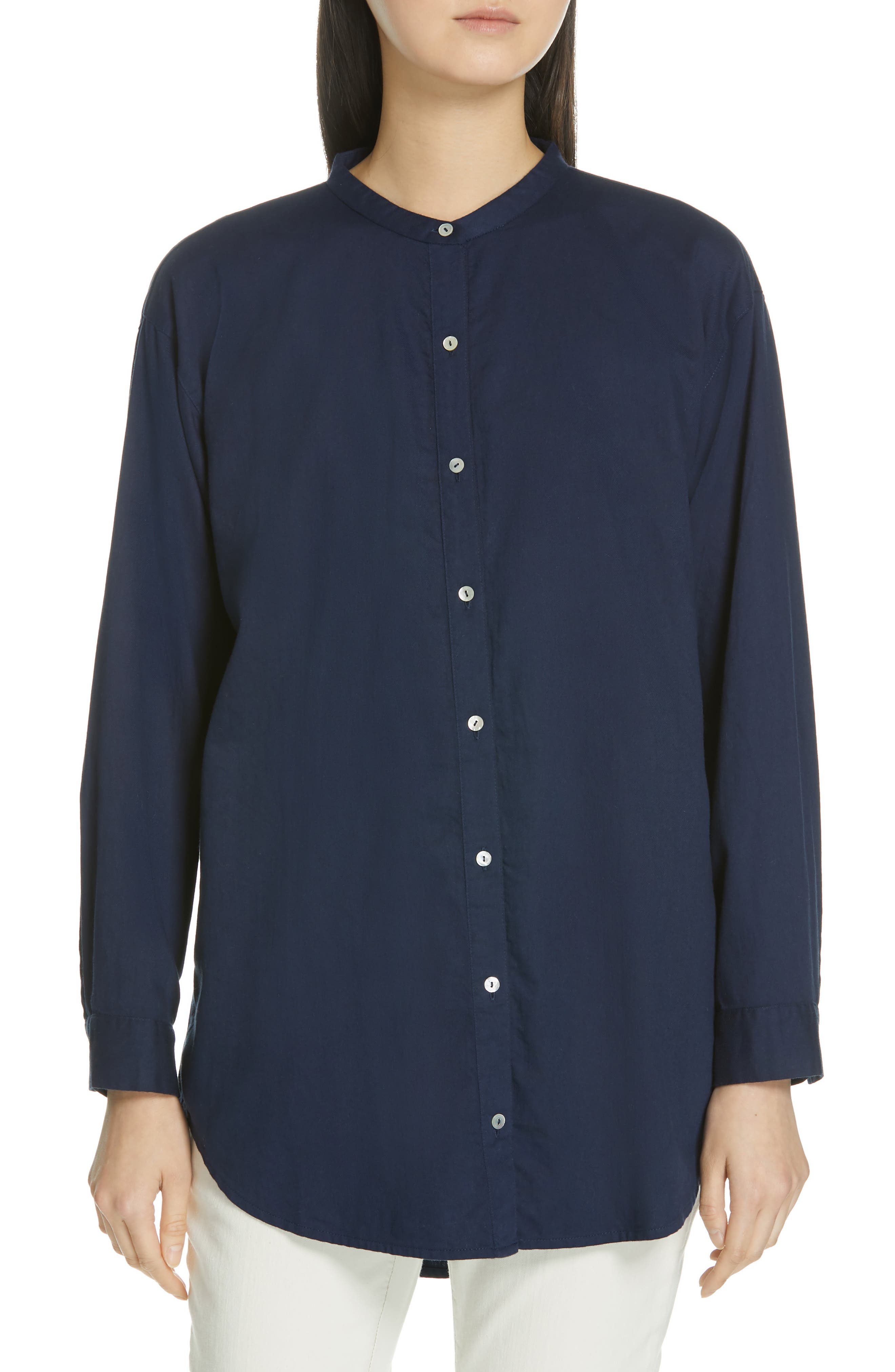 Eileen Fisher Mandarin Collar Organic Cotton Tunic Shirt, Blue