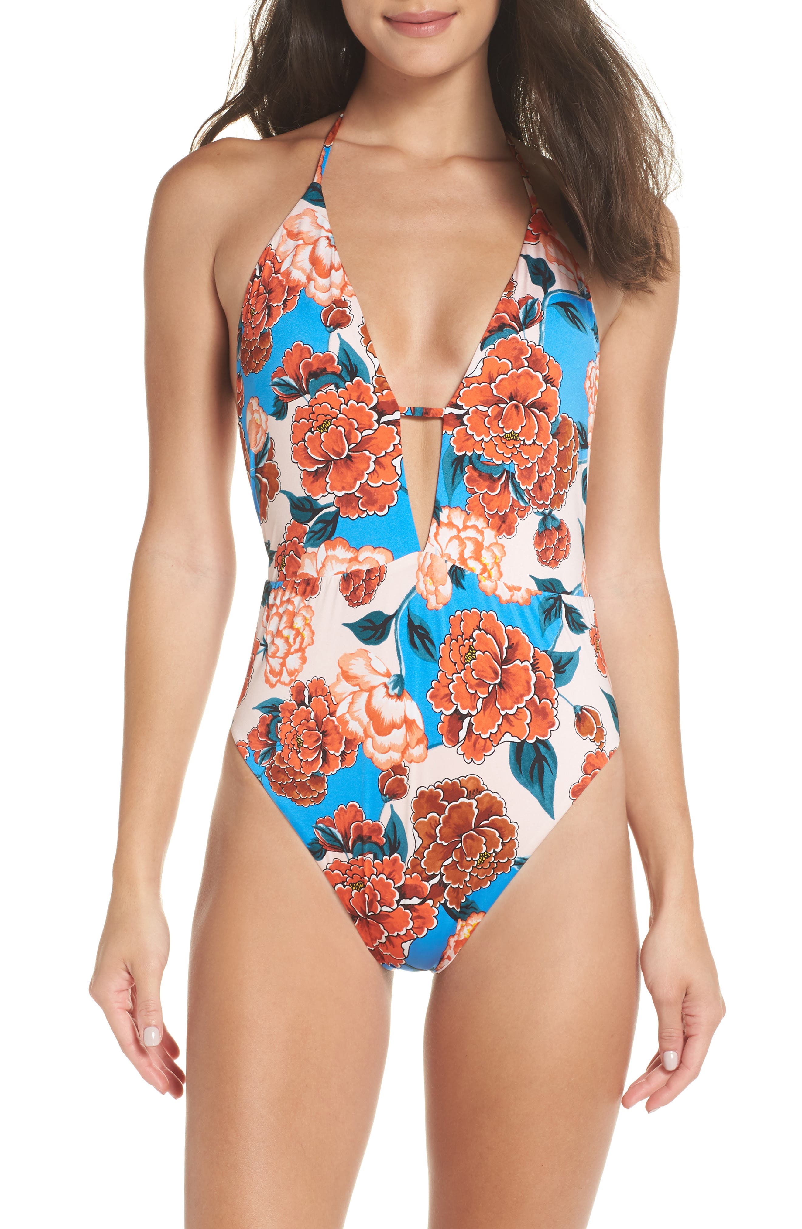 The Bikini Lab Spanish Bloom Plunge One-Piece Swimsuit, Blue