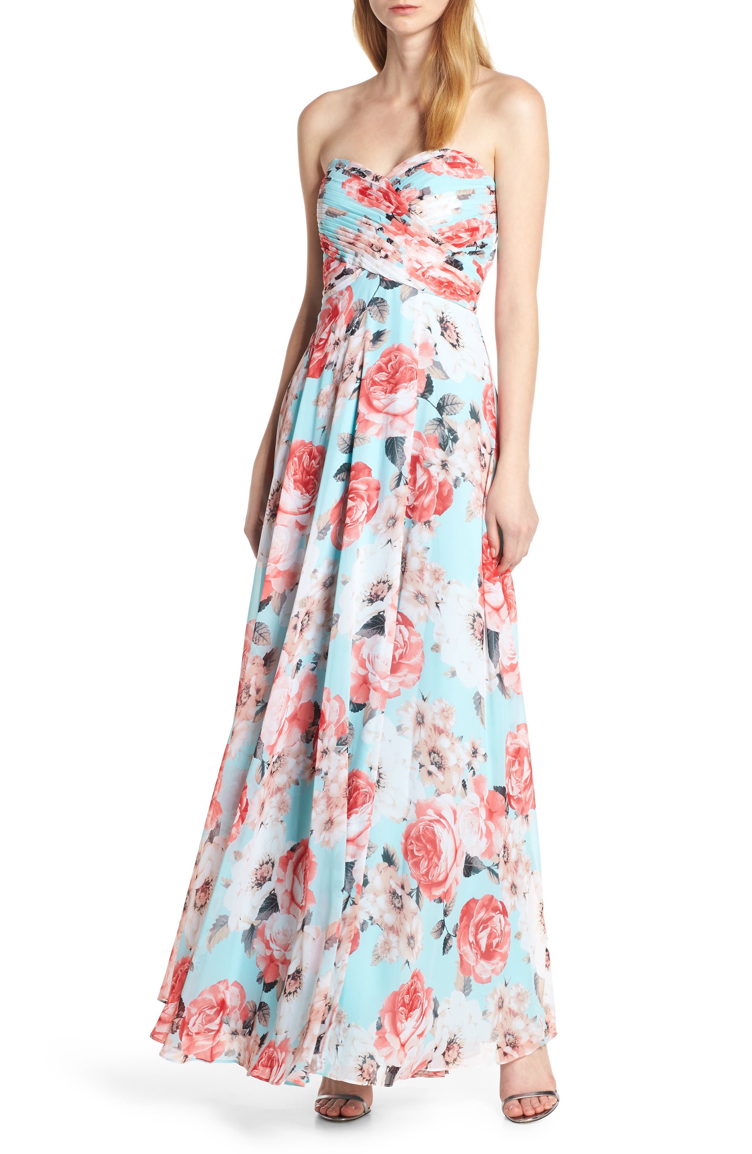 Sequin Hearts Strapless Floral Evening Dress, Blue