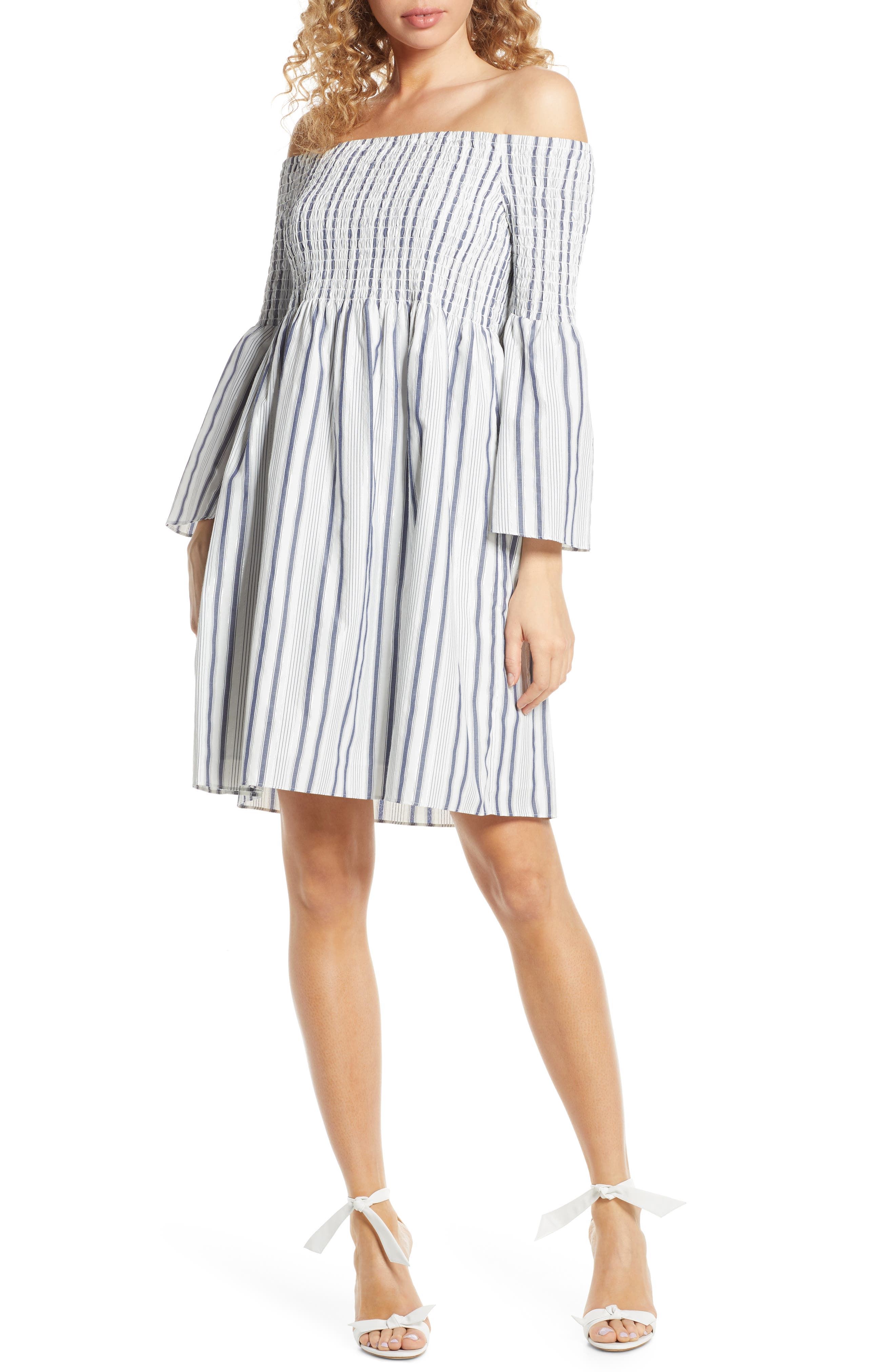 Sam Edelman Metallic Ticking Stripe Smocked Off The Shoulder Dress, Blue