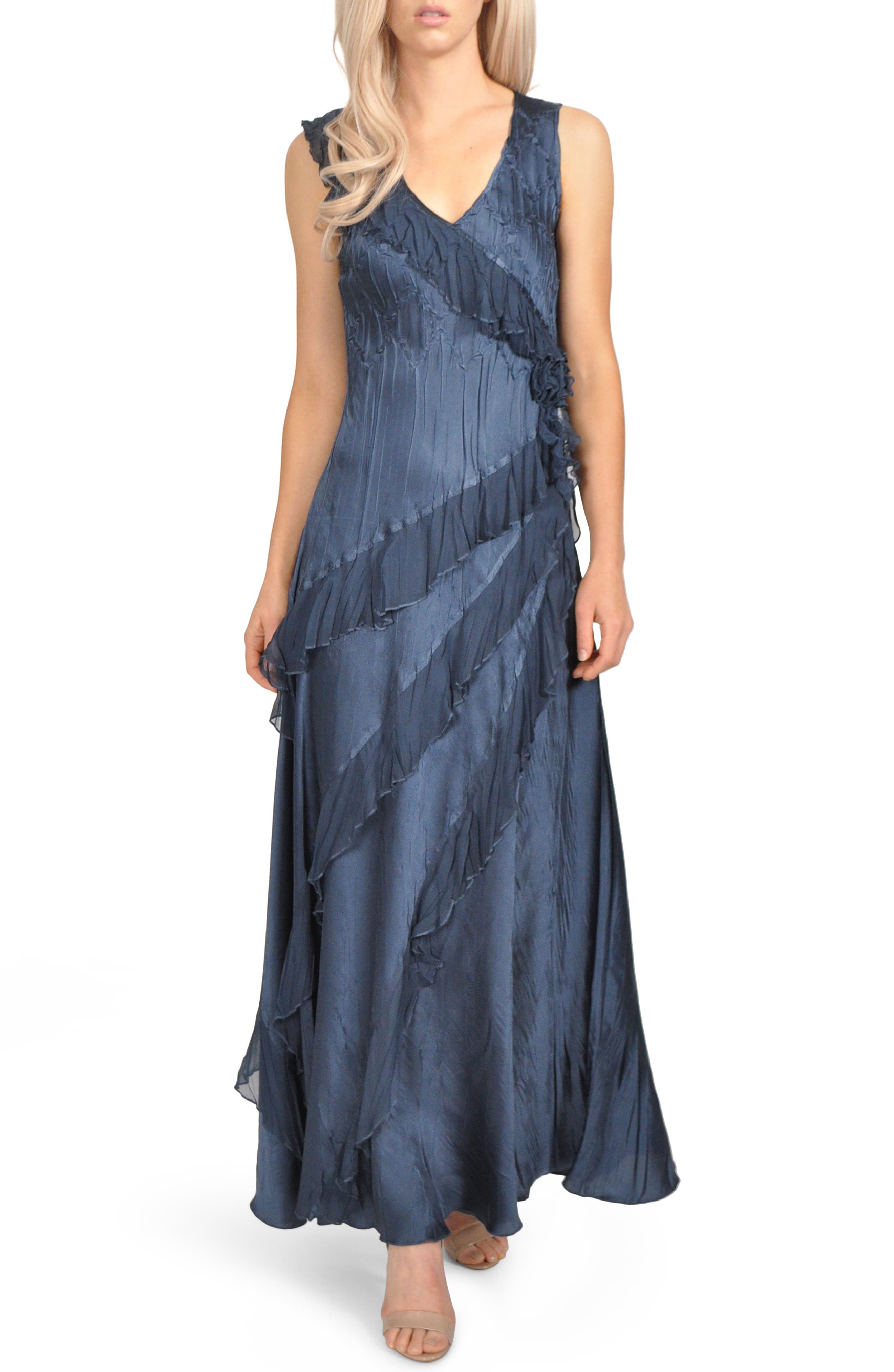 Komarov Asymmetrical Ruffle Charmeuse Gown With Wrap