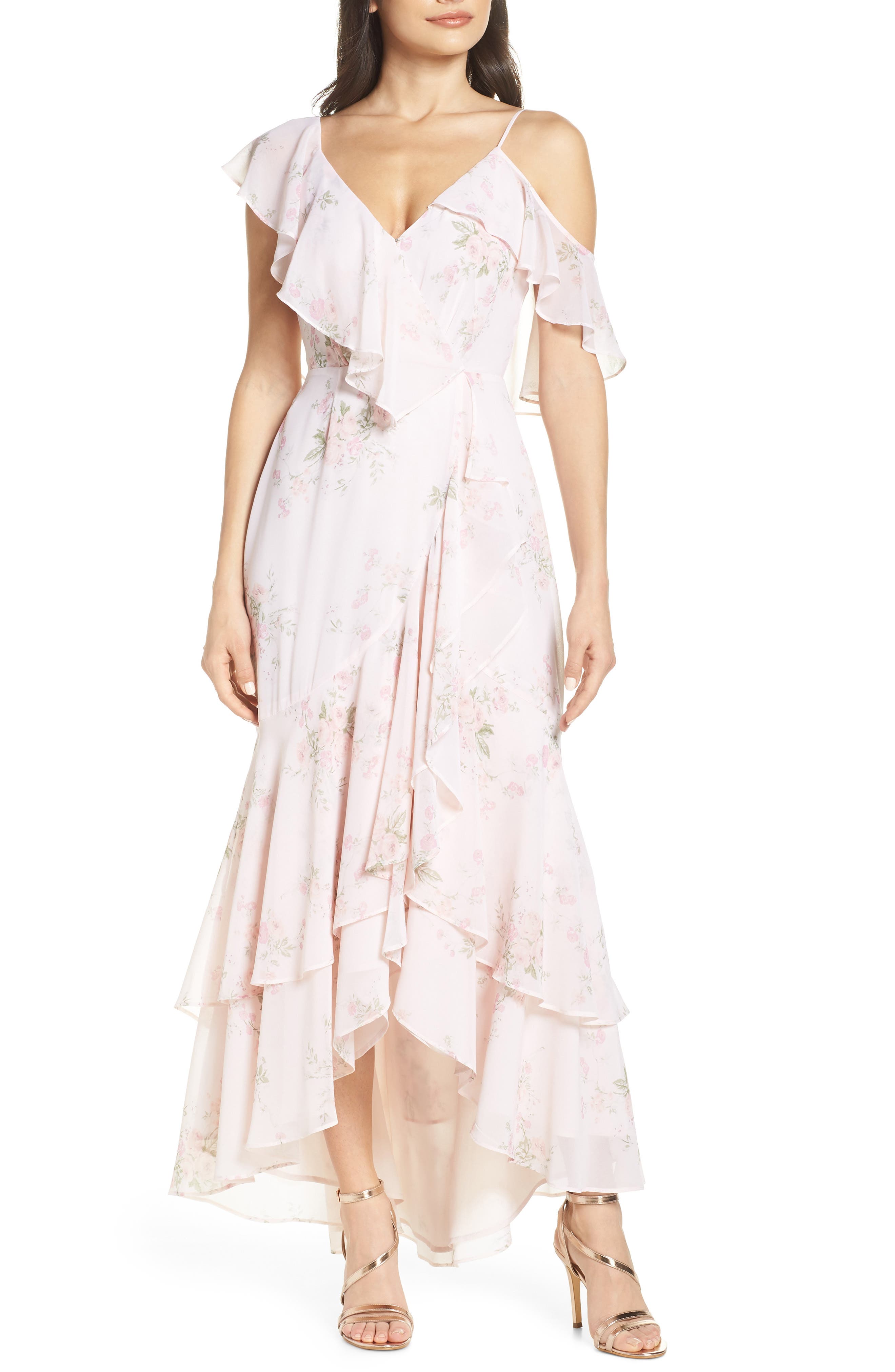 Wayf Elanor Ruffle Faux Wrap Maxi Dress, Beige