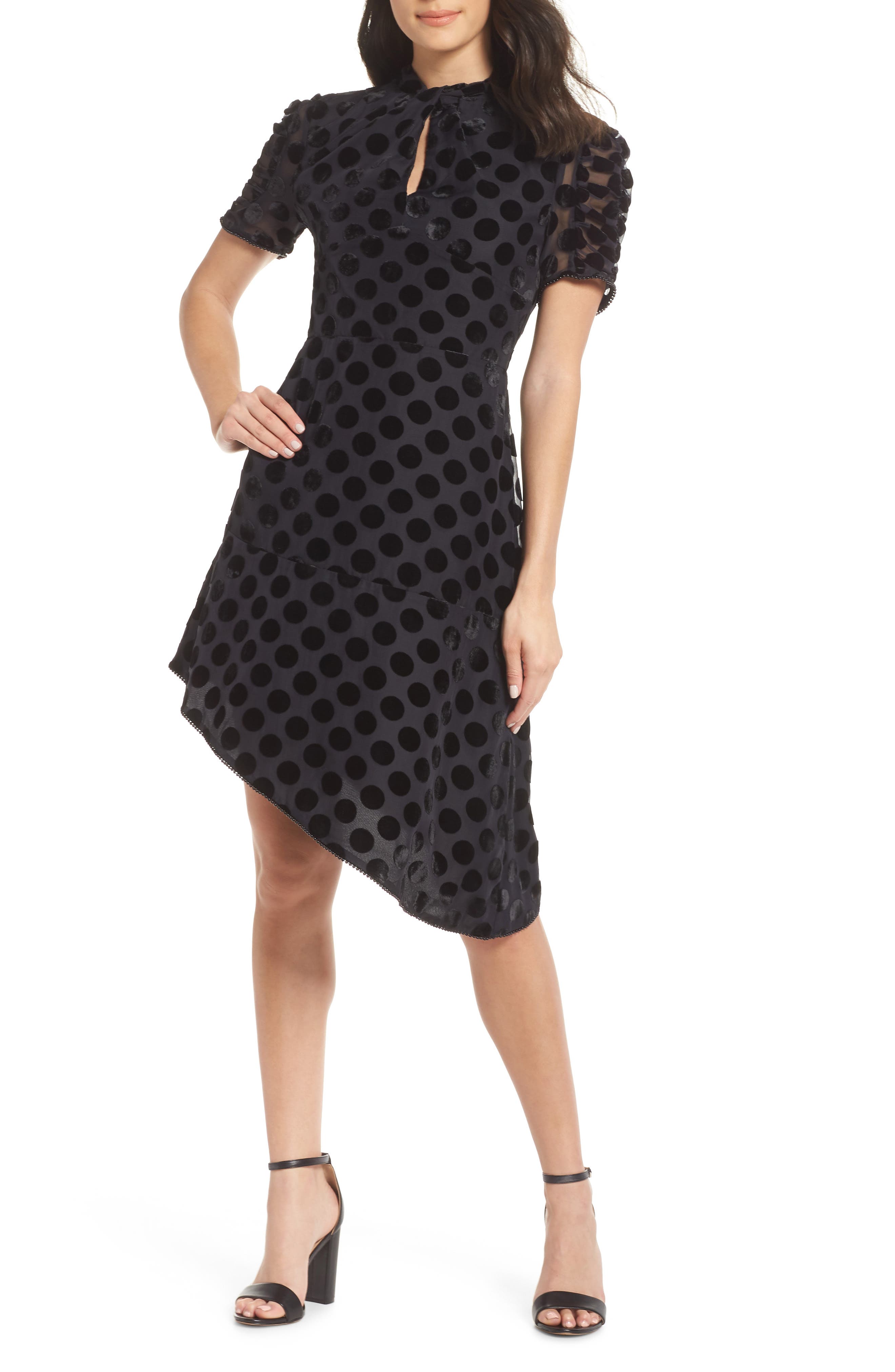 Chelsea28 Asymmetrical Velvet Dot Dress, Black