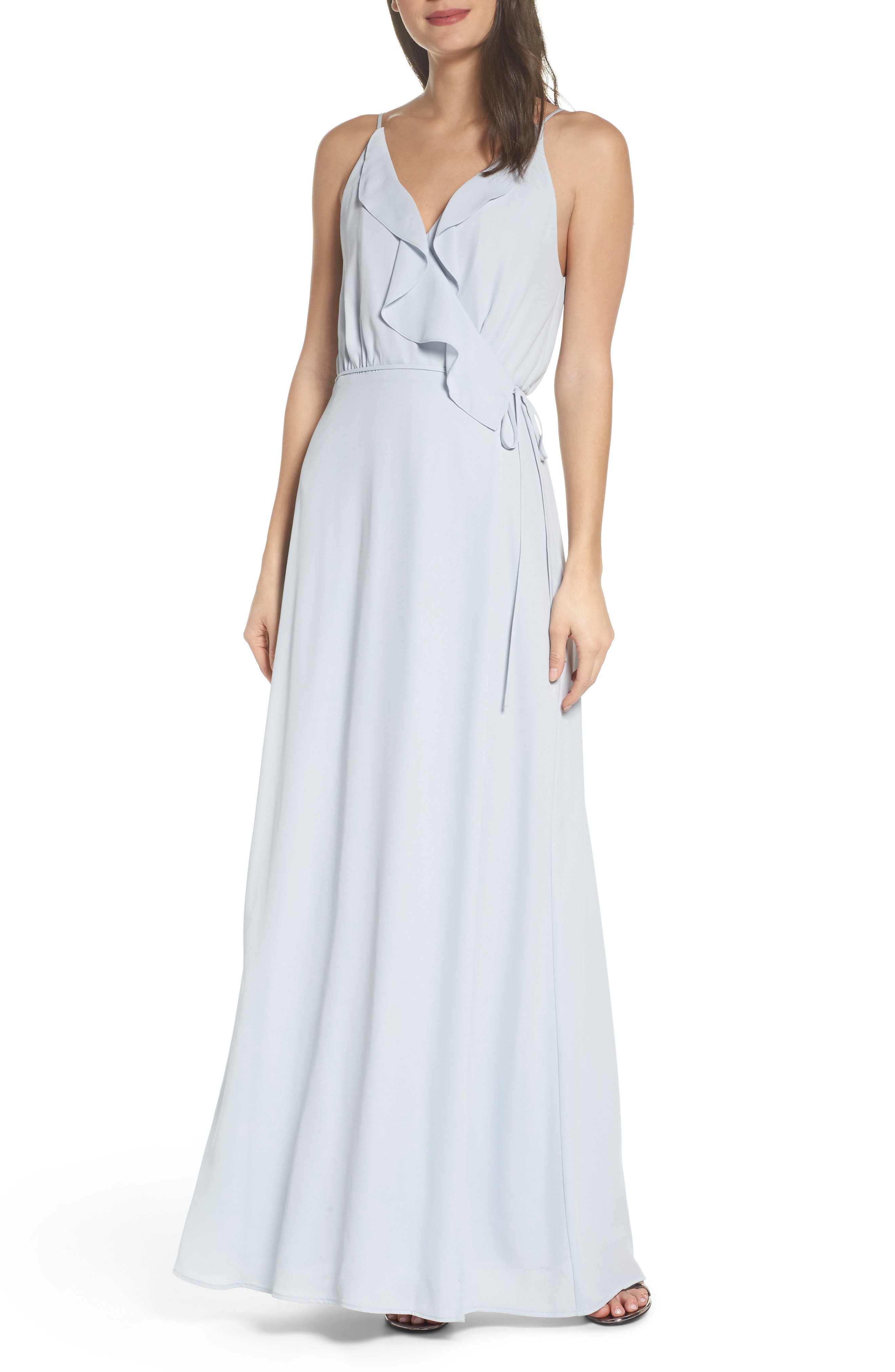 Wayf Jamie Ruffle Wrap Gown, Blue
