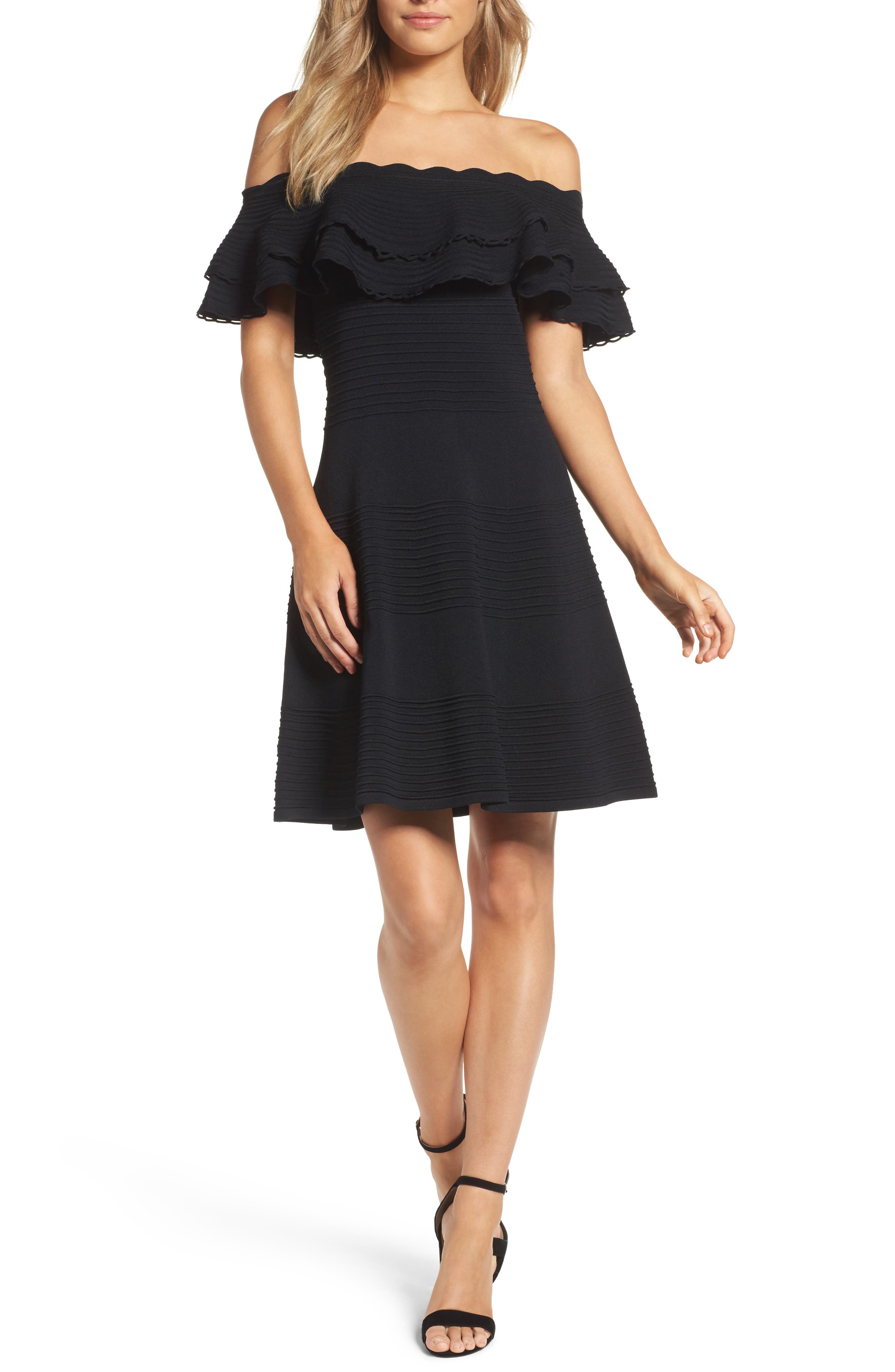 Eliza J Off The Shoulder Fit & Flare Dress, Black