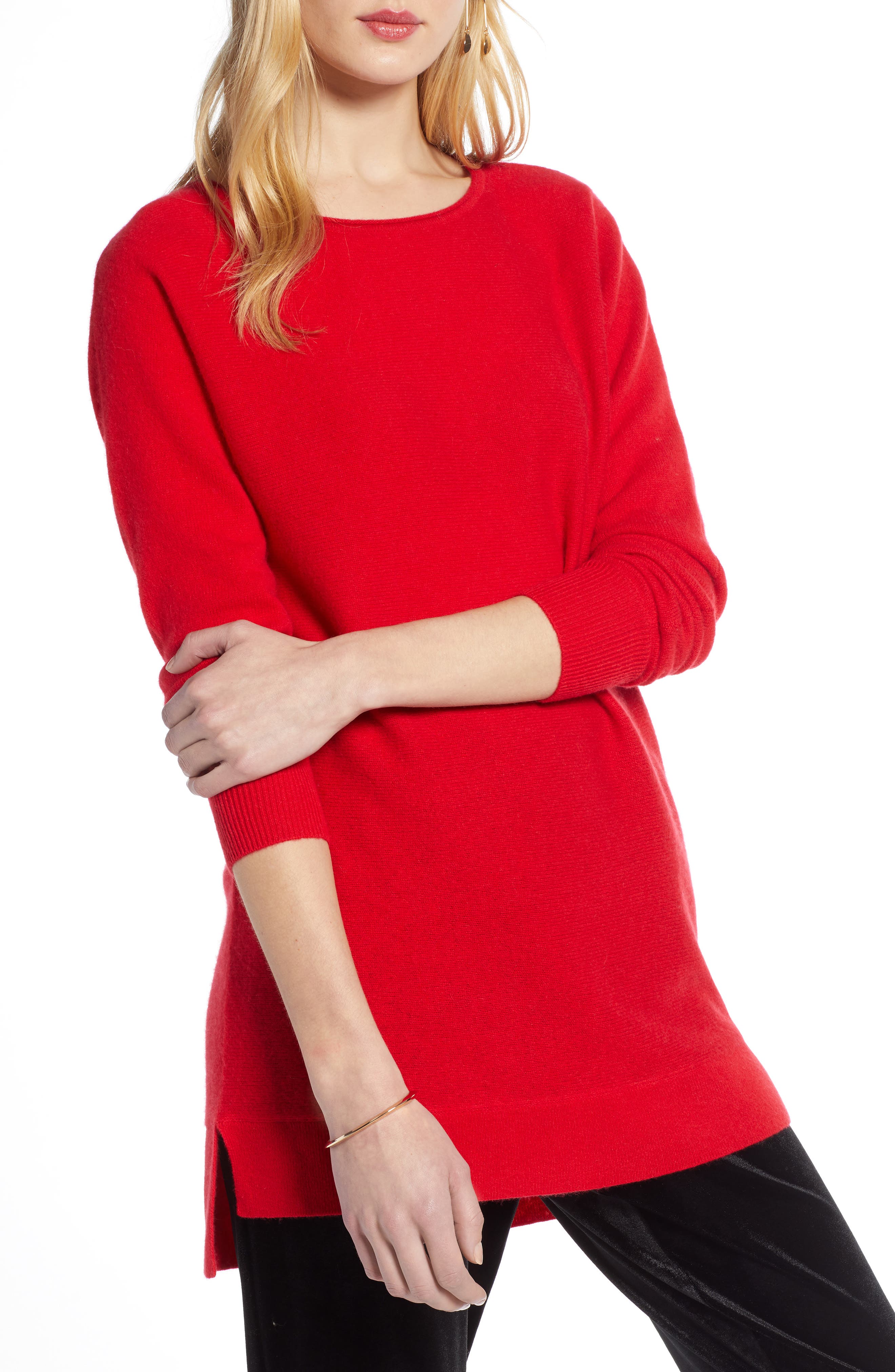 Halogen High/low Wool & Cashmere Tunic Sweater, Red