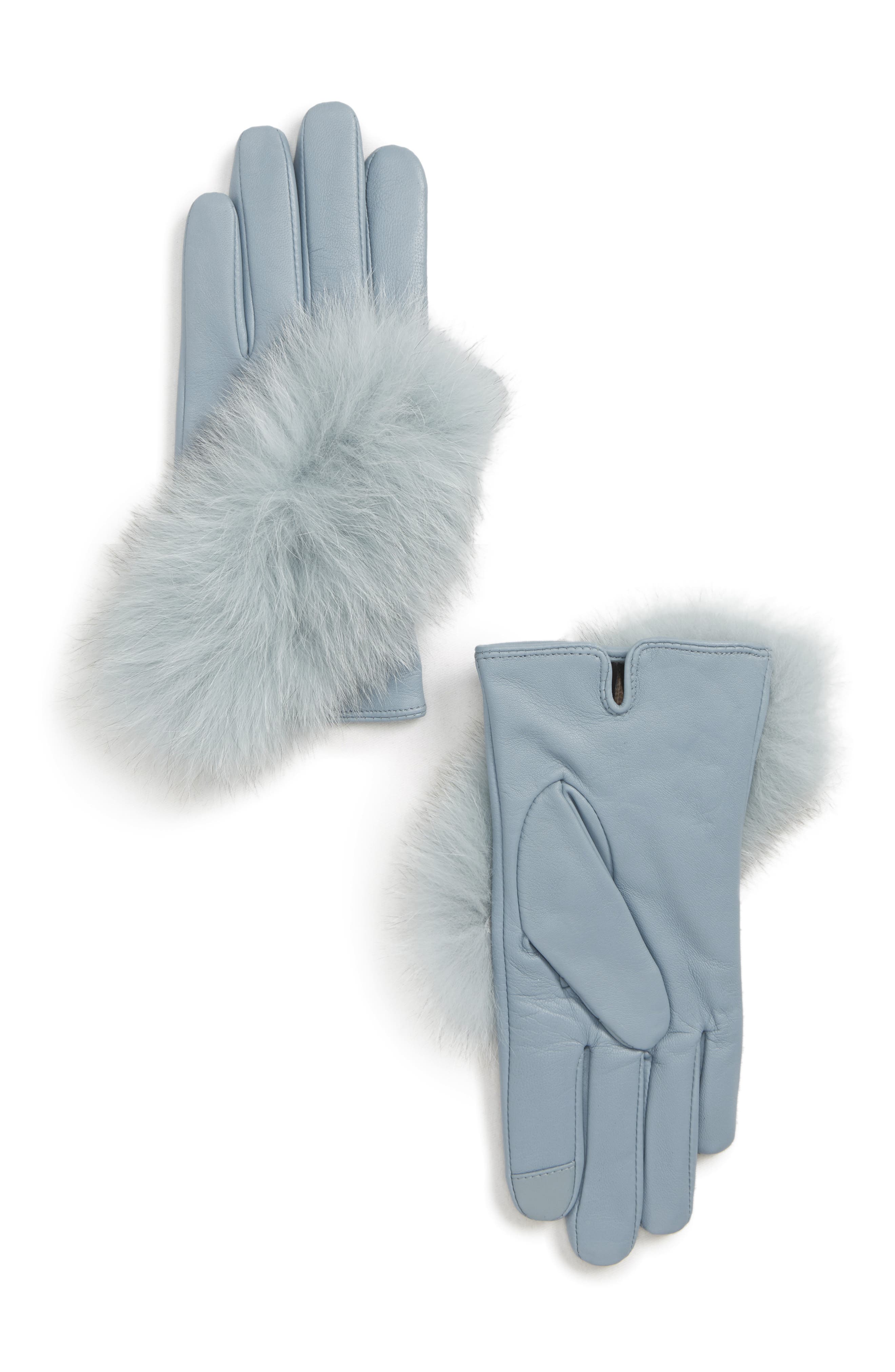 Echo Lambskin Leather Touchscreen Gloves With Genuine Fox Fur Trim, Blue