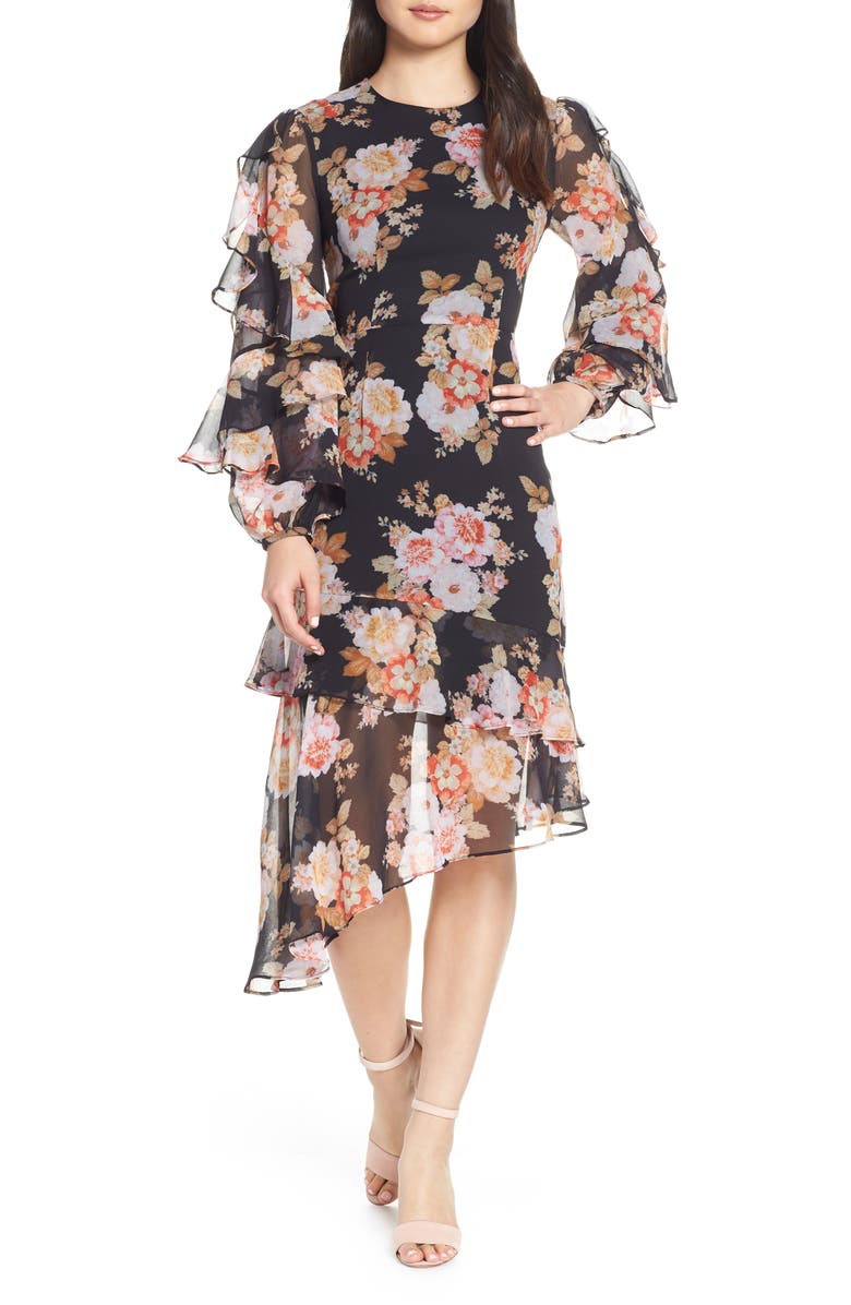 Chateau Ruffle Sleeve Floral Midi Dress