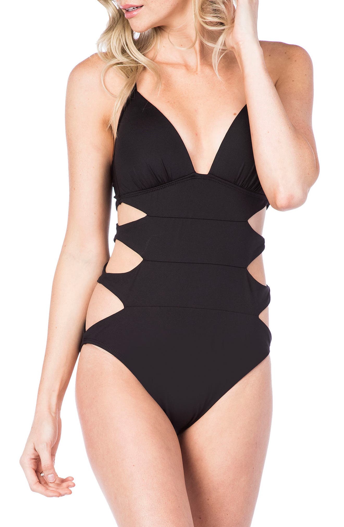Kenneth Cole New York Sexy Solids Cut Out Push-Up One-Piece Swimsuit, Black