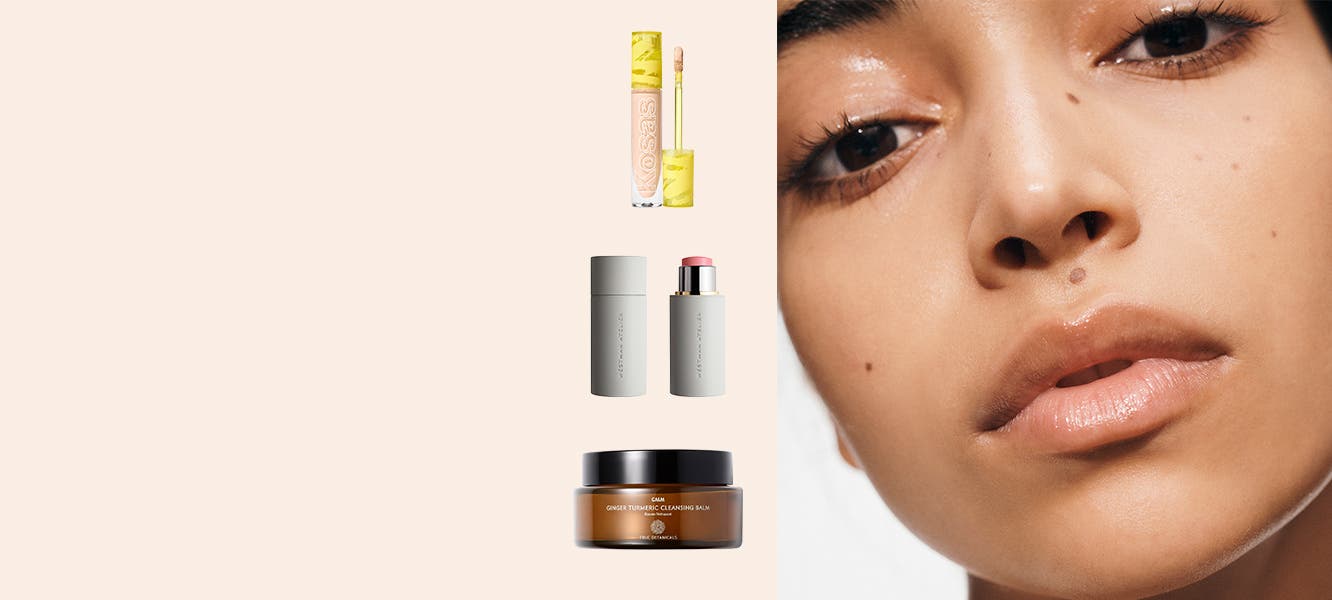 A woman with a radiant complexion and no-makeup makeup look; products from Kosas, Westman Atelier, True Botanicals, Nécessaire, ILIA and MACRENE ACTIVES.