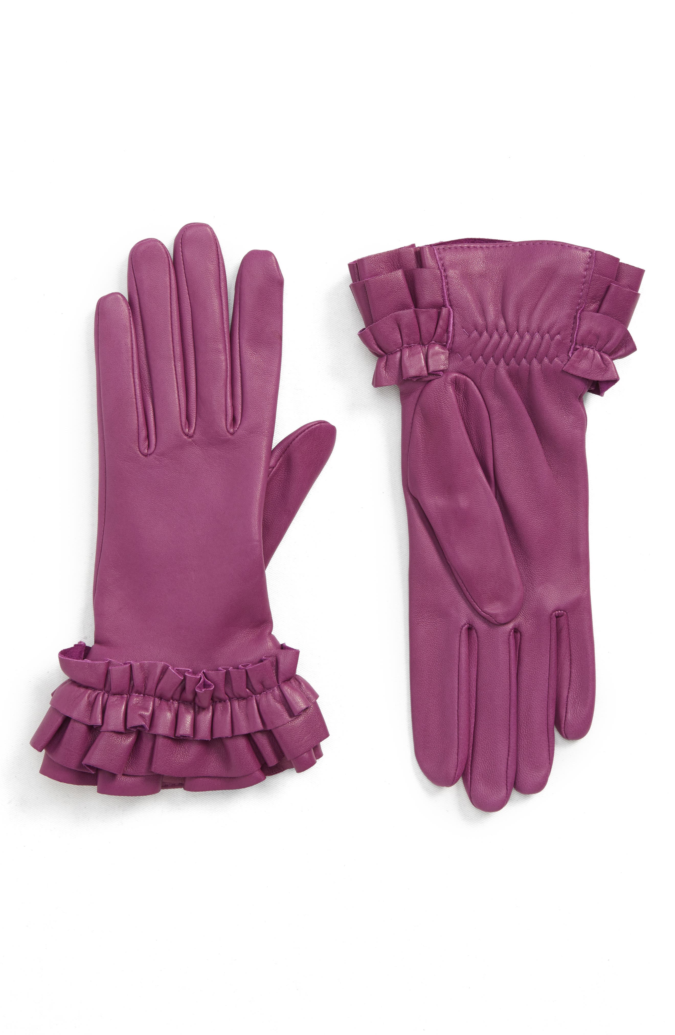Agnelle Frill Cuff Lambskin Leather Gloves, Purple