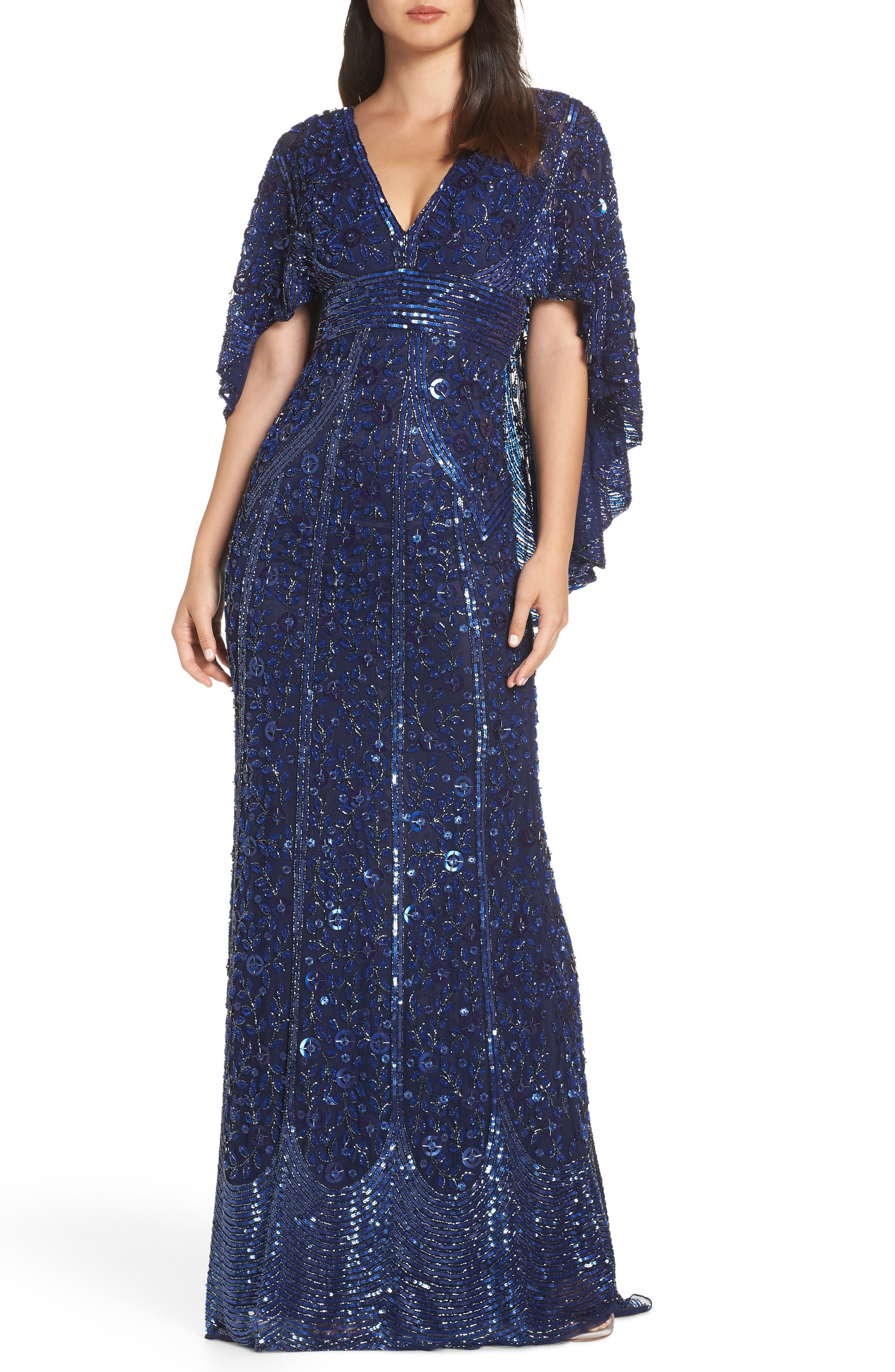 MAC Duggal Sequin Cape Sleeve Evening Dress, Blue