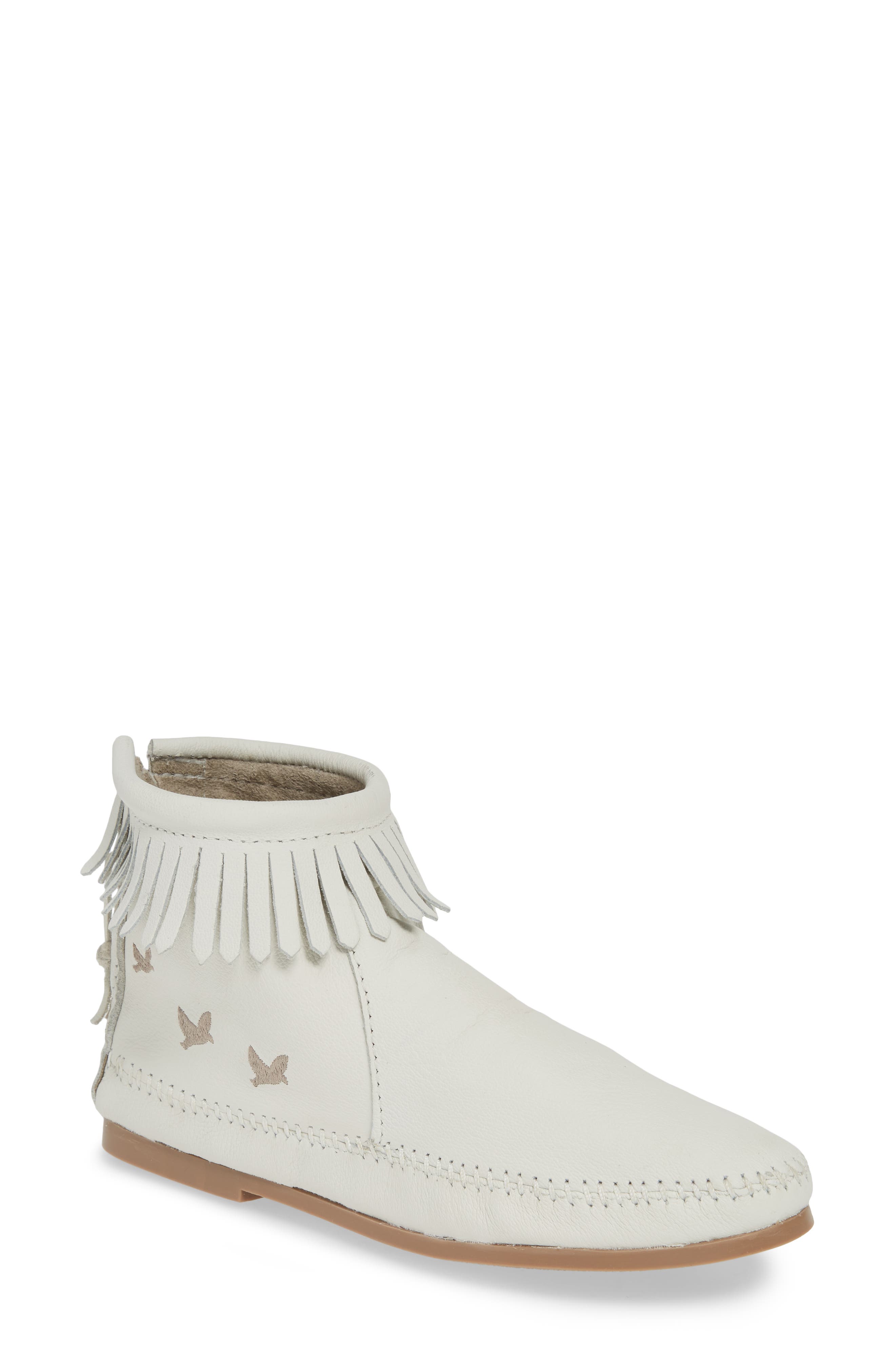 Minnetonka X Lottie Moss Lauryn Fringe Bootie, White