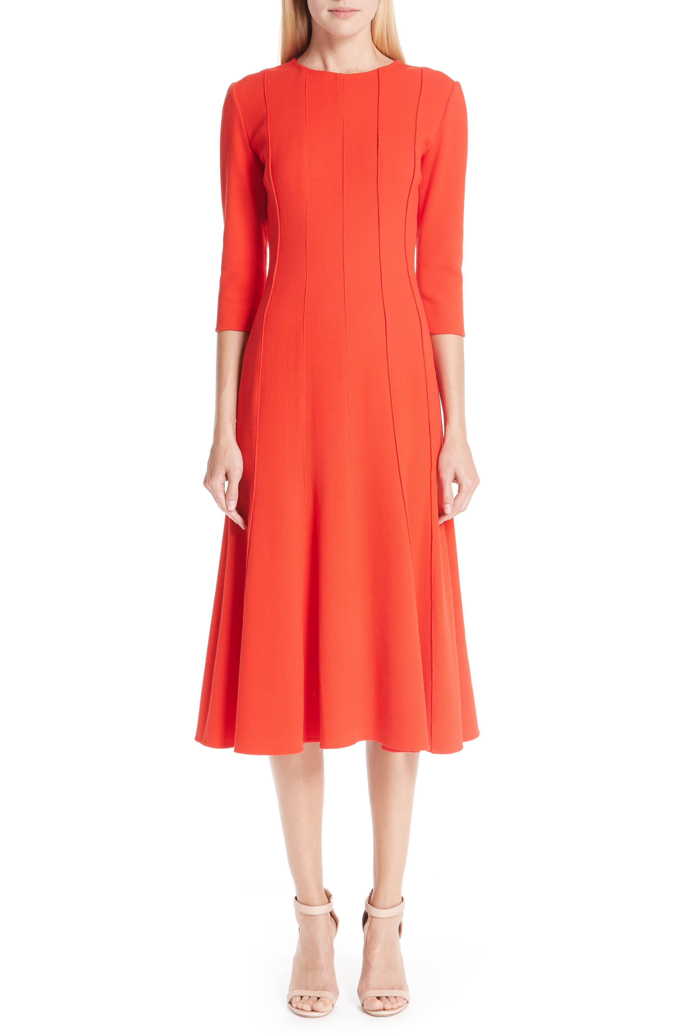 Oscar De La Renta Seam Detail Stretch Wool A-Line Midi Dress, Pink
