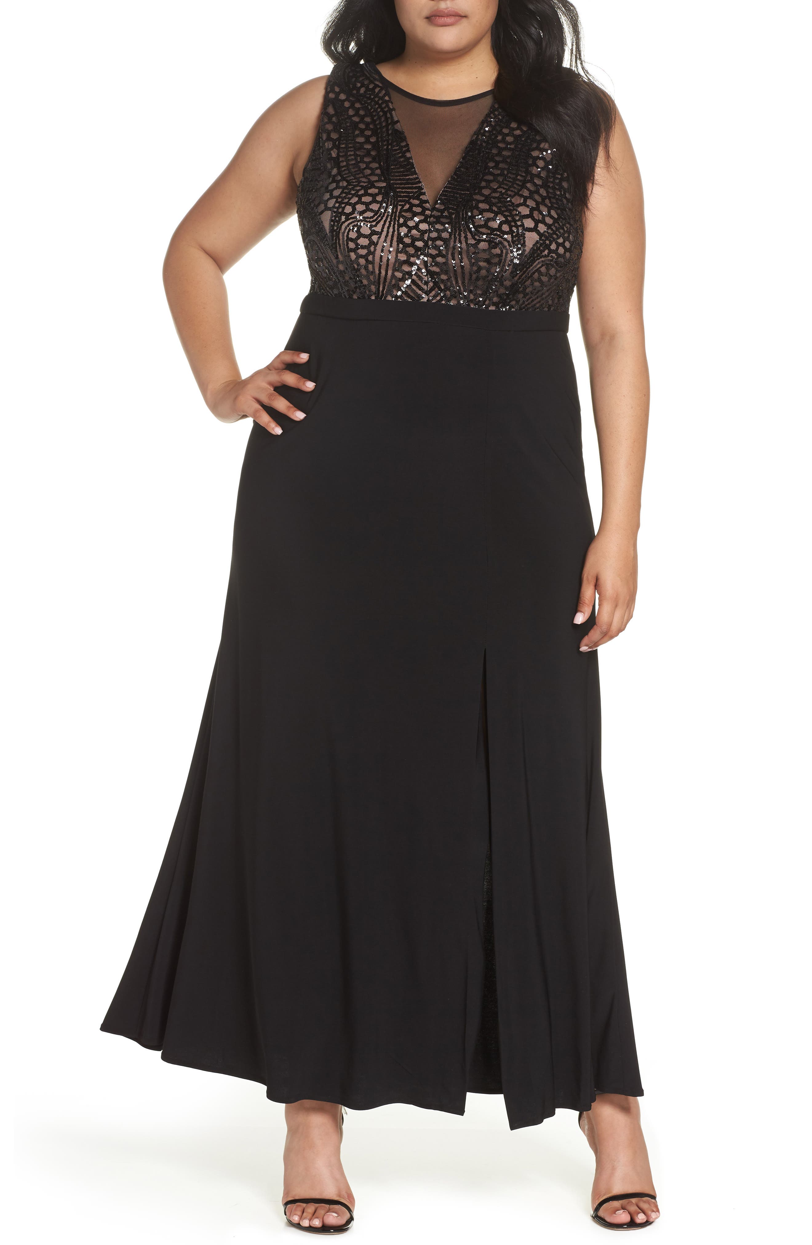Plus Size Morgan & Co. Sequin Bodice Illusion Neck Gown, Black