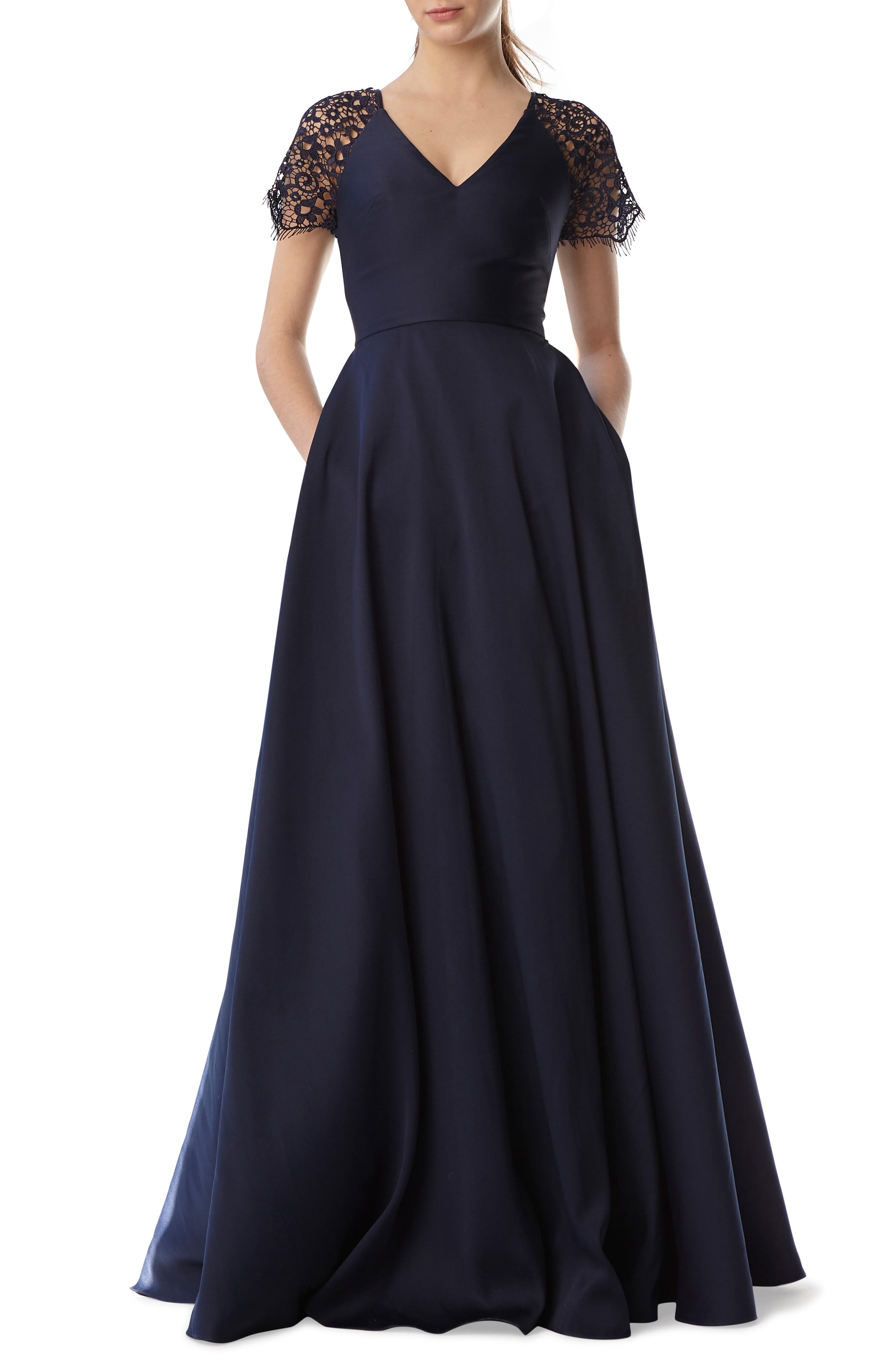 Ml Monique Lhuillier Lace Sleeve Ball Gown, Blue