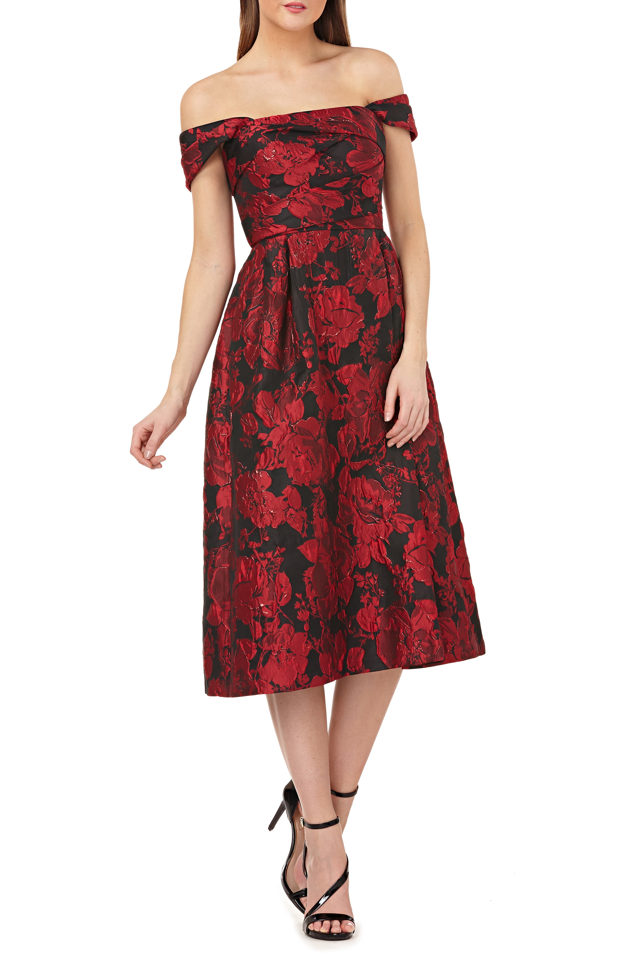 Carmen Marc Valvo Infusion Off The Shoulder Brocade Dress, Black