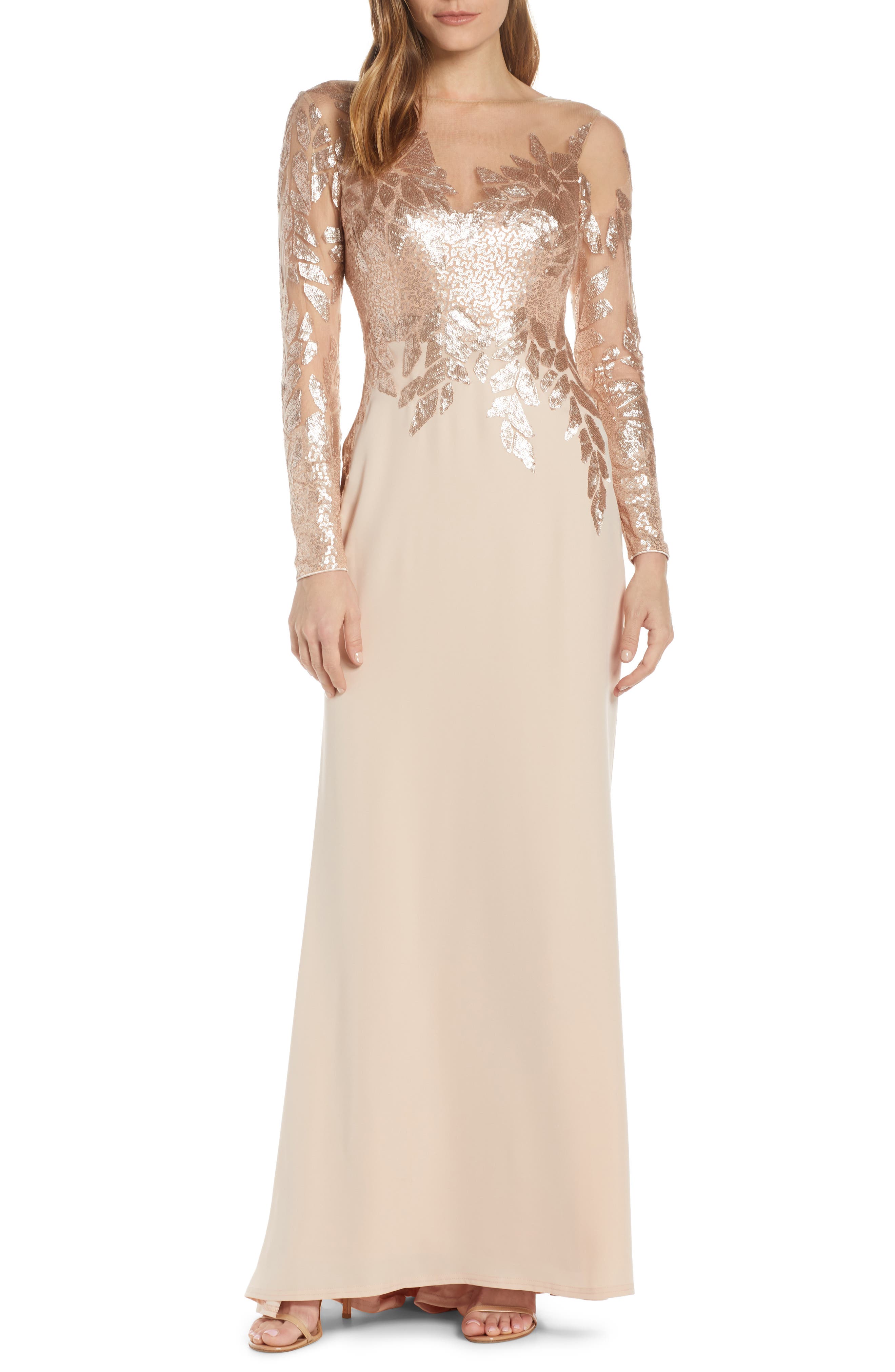 Tadashi Shoji Sequin Embellished Gown, Beige