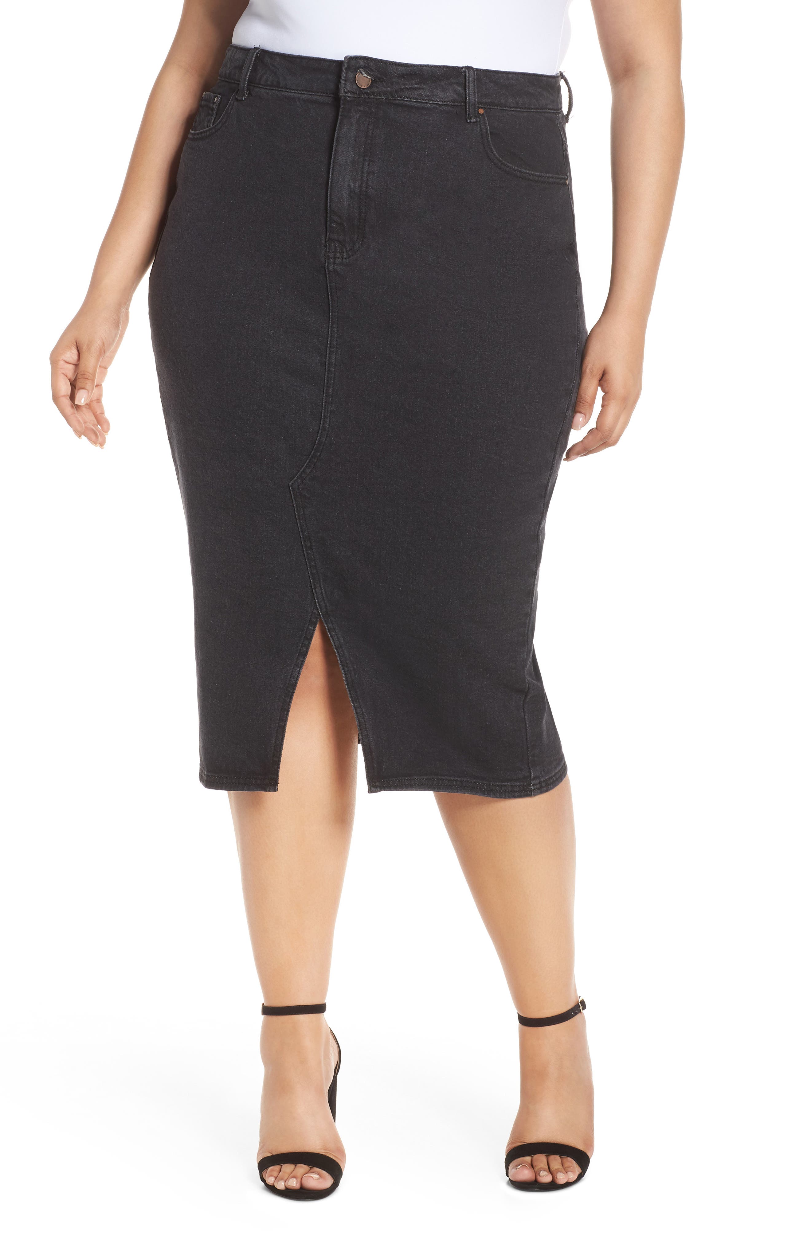 Plus Size Lost Ink Denim Pencil Skirt, Black