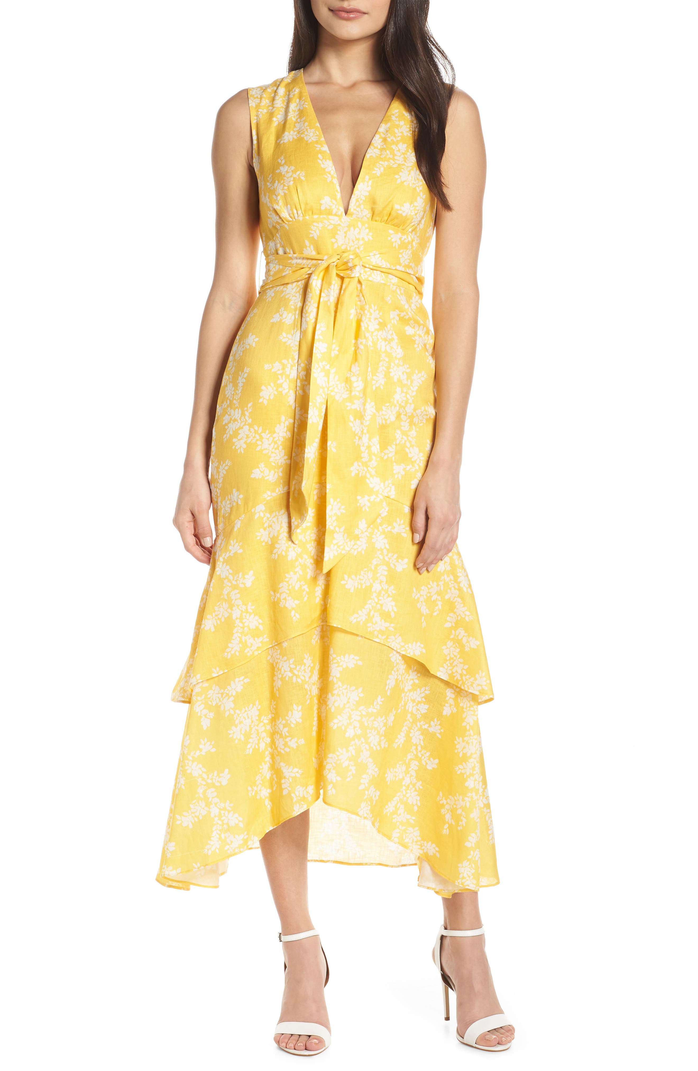 Keepsake The Label Fallen Linen Tea Length Dress, Yellow