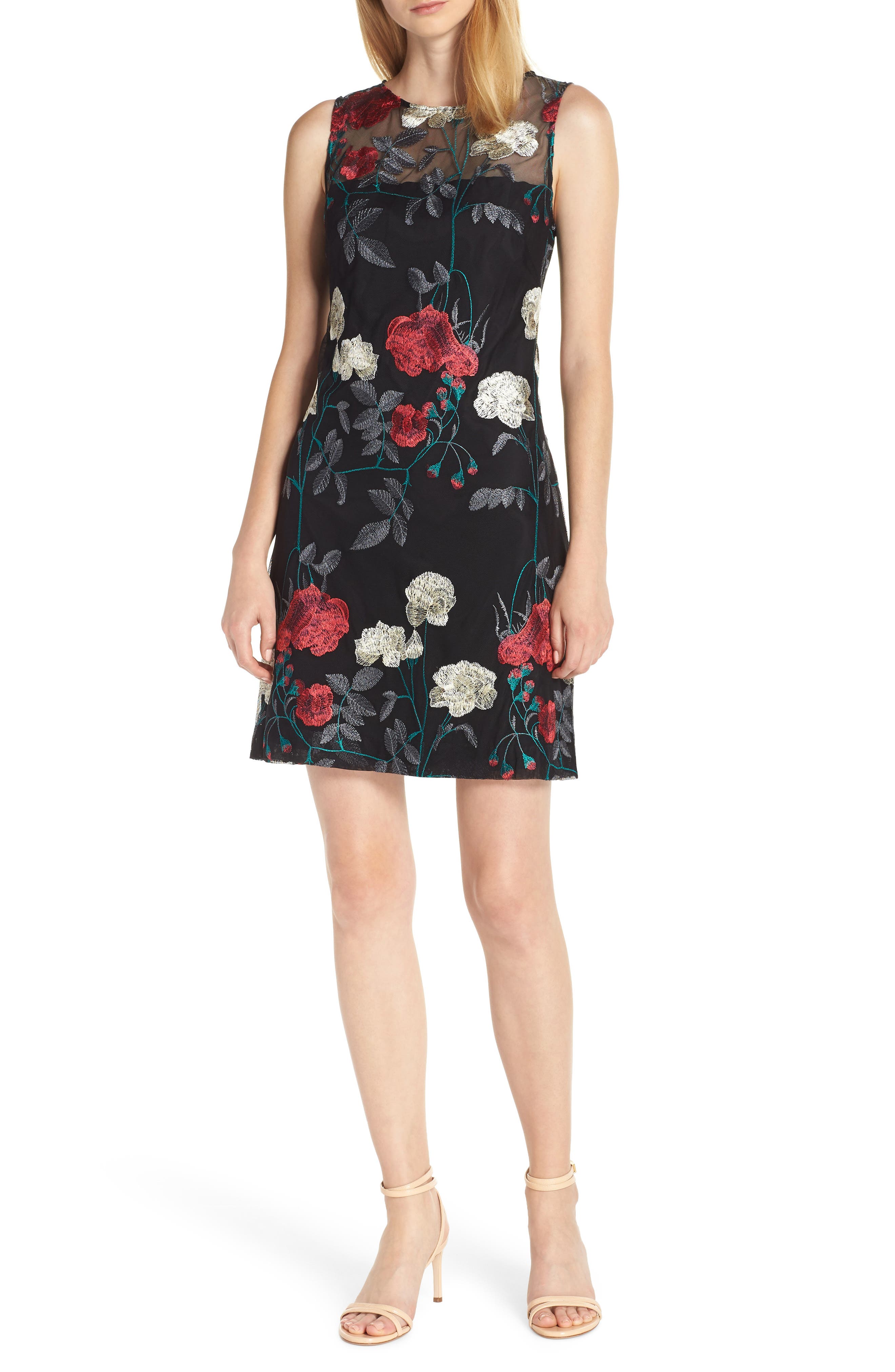 Vince Camuto Embroidered Mesh Sheath Dress, Black