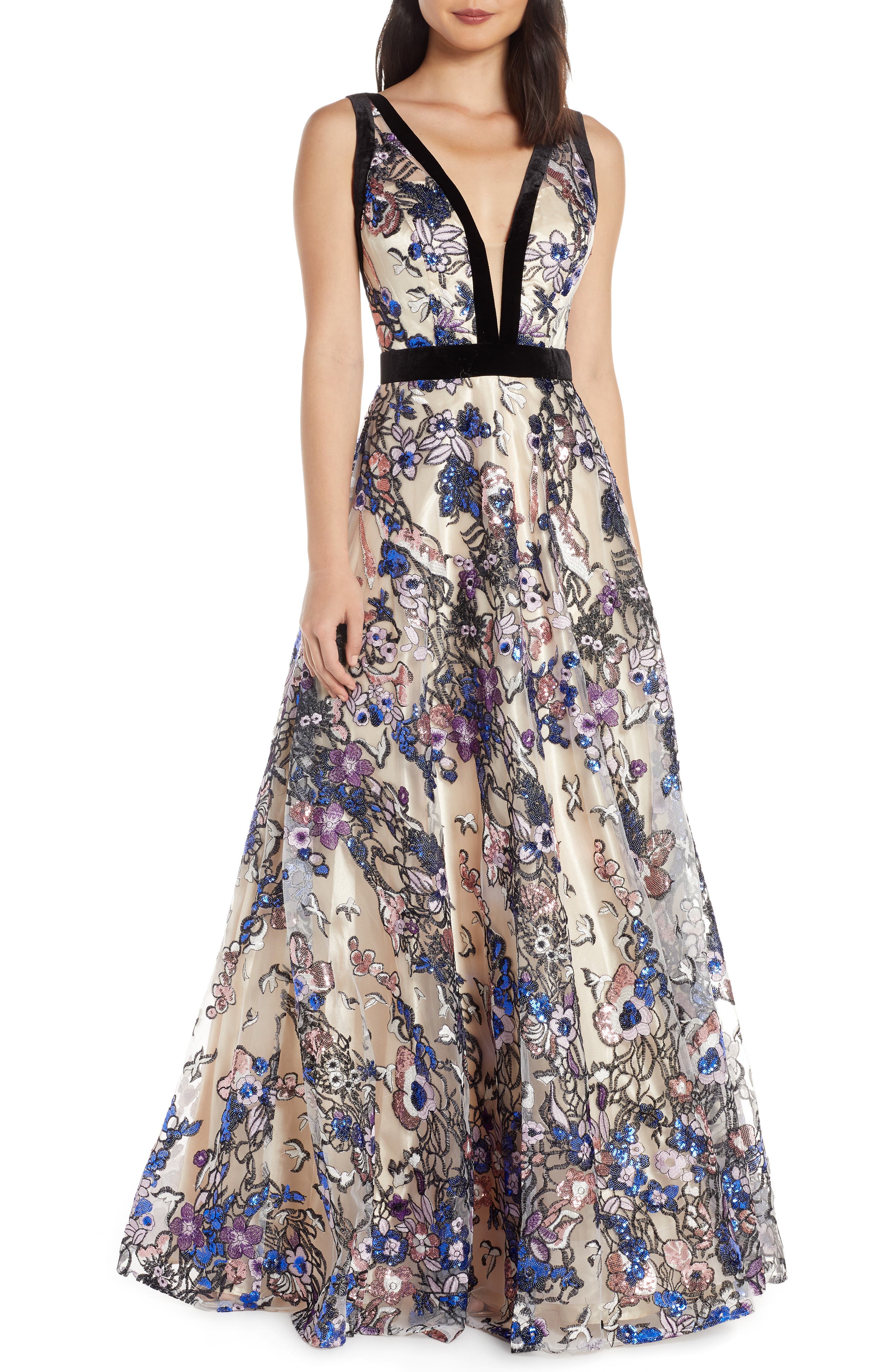 MAC Duggal Plunging V-Neck Floral Sequin Prom Dress, Beige