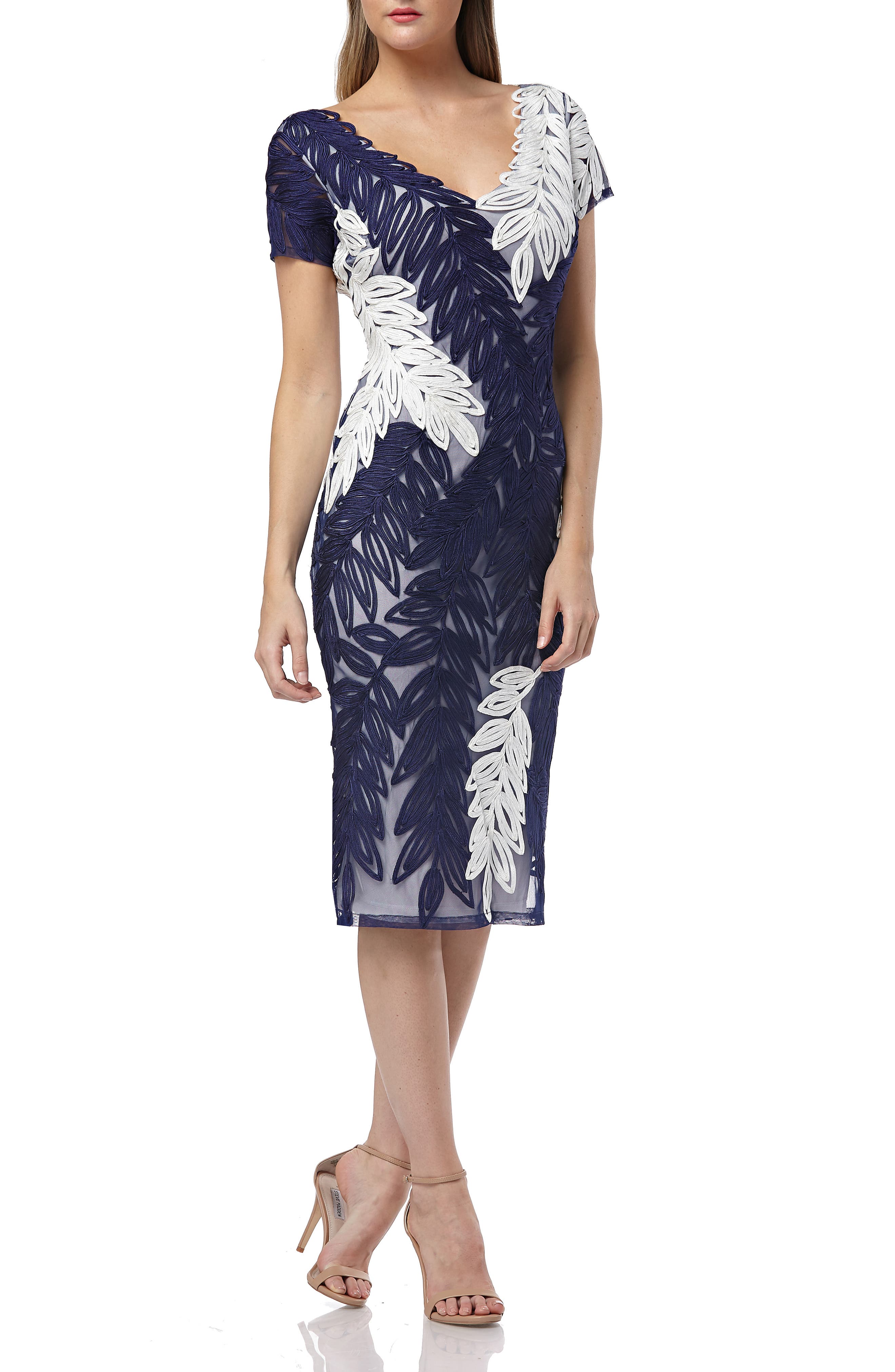 Js Collections Leaf Soutache V-Neck Sheath Dress, Blue
