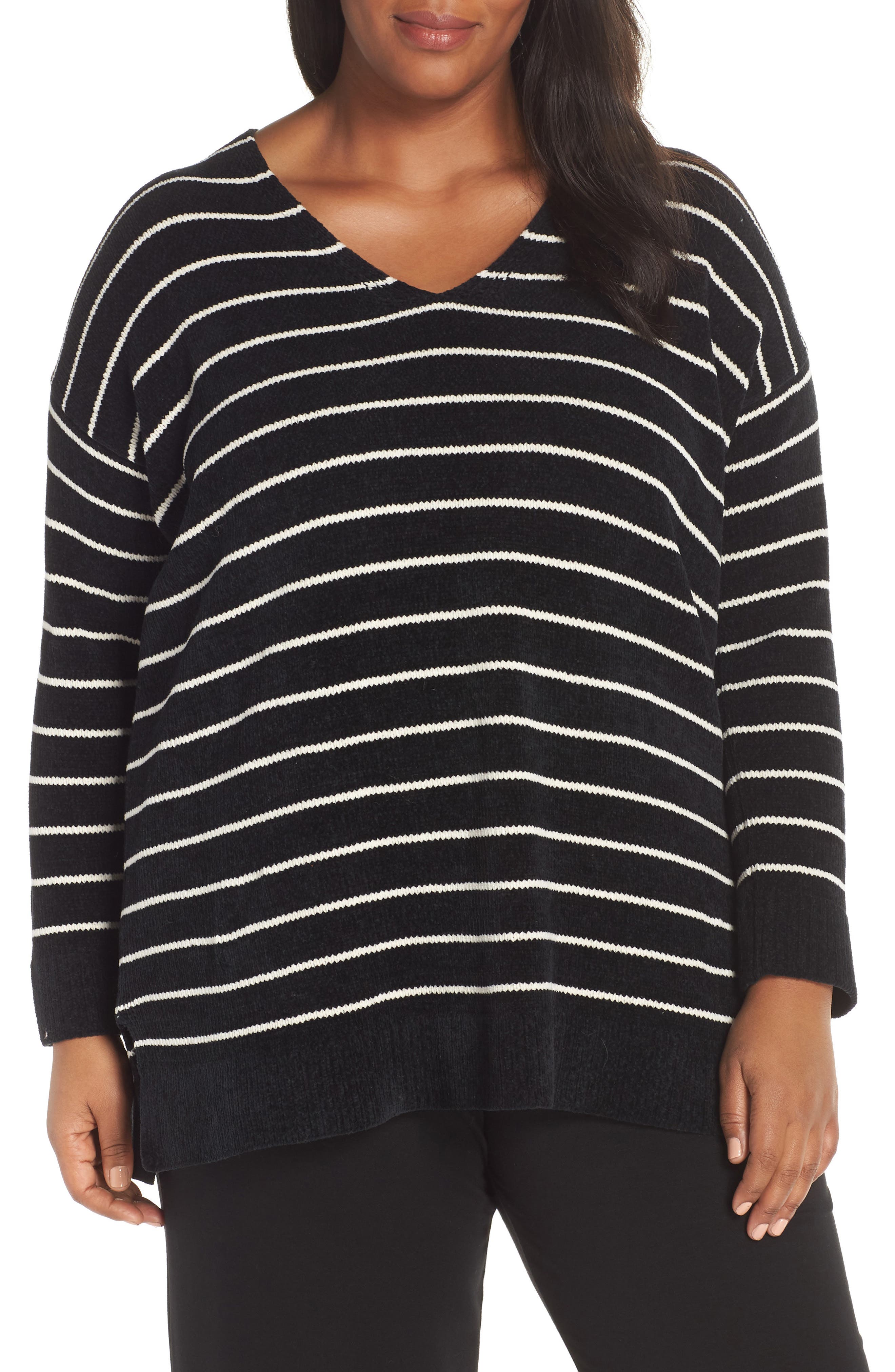 Plus Size Eileen Fisher Stripe Organic Cotton Sweater, Black