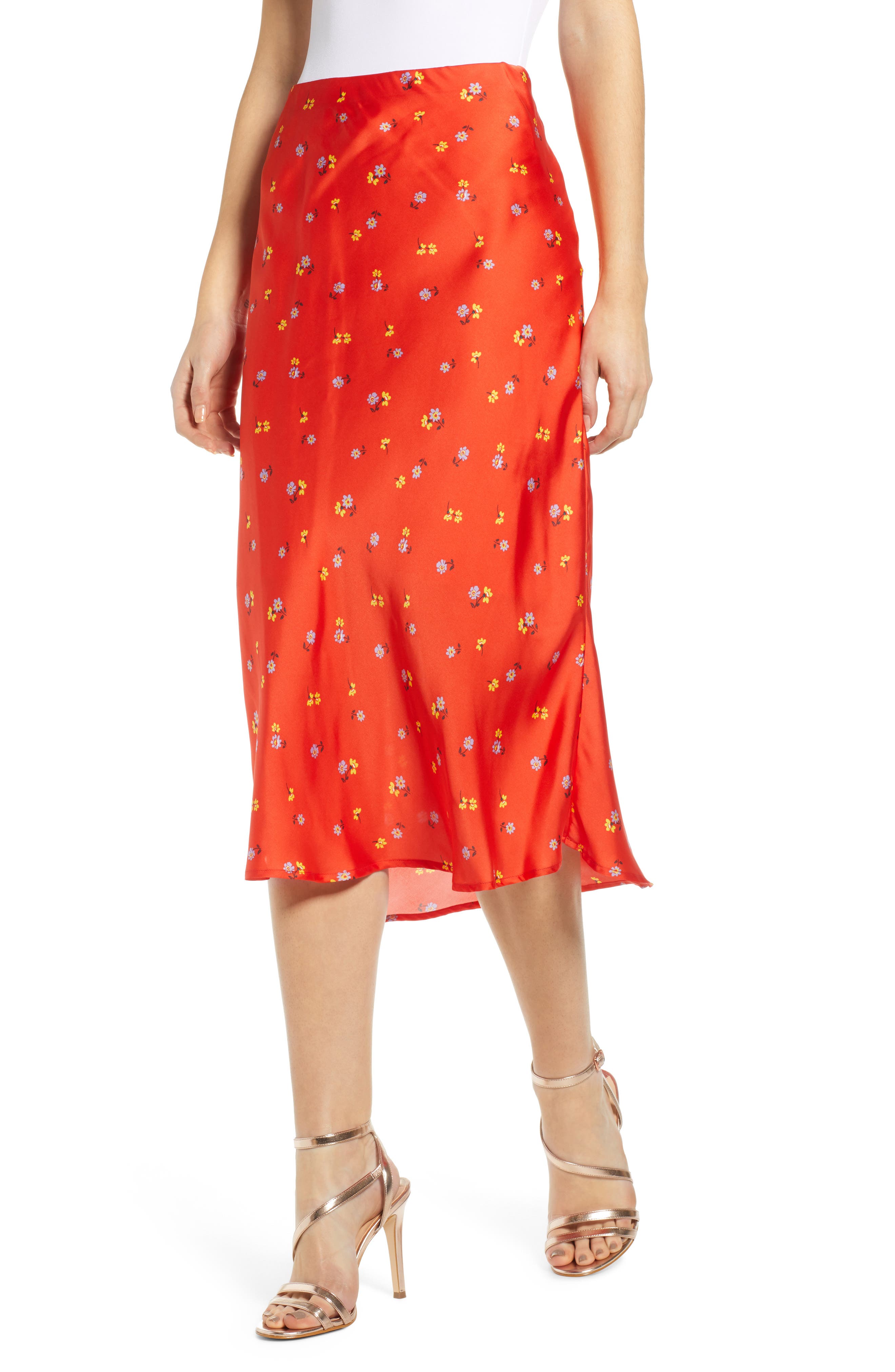 Leith Satin Midi Skirt, Red
