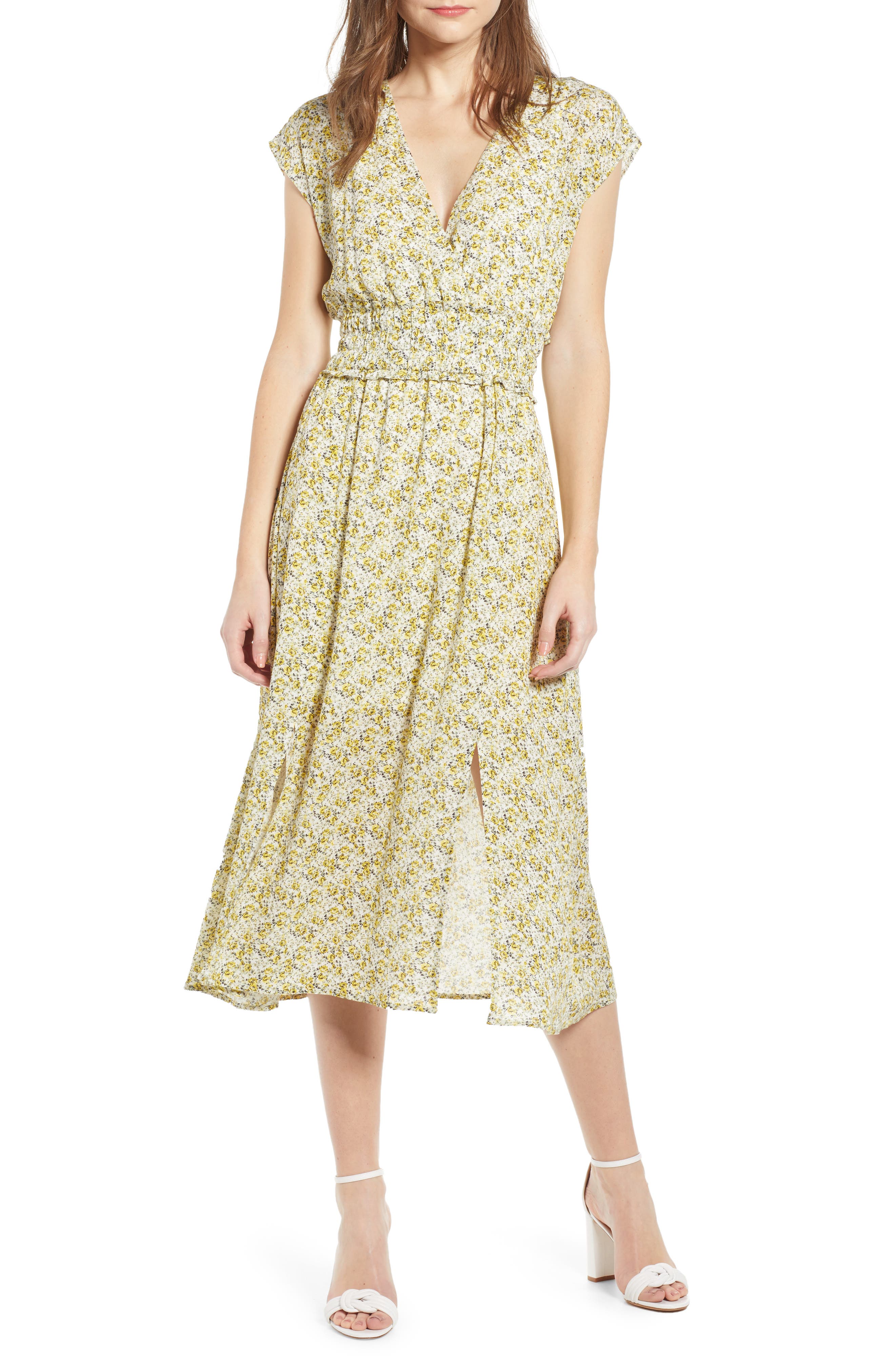 Wayf Leanne Double Slit Smocked Midi Dress, Yellow
