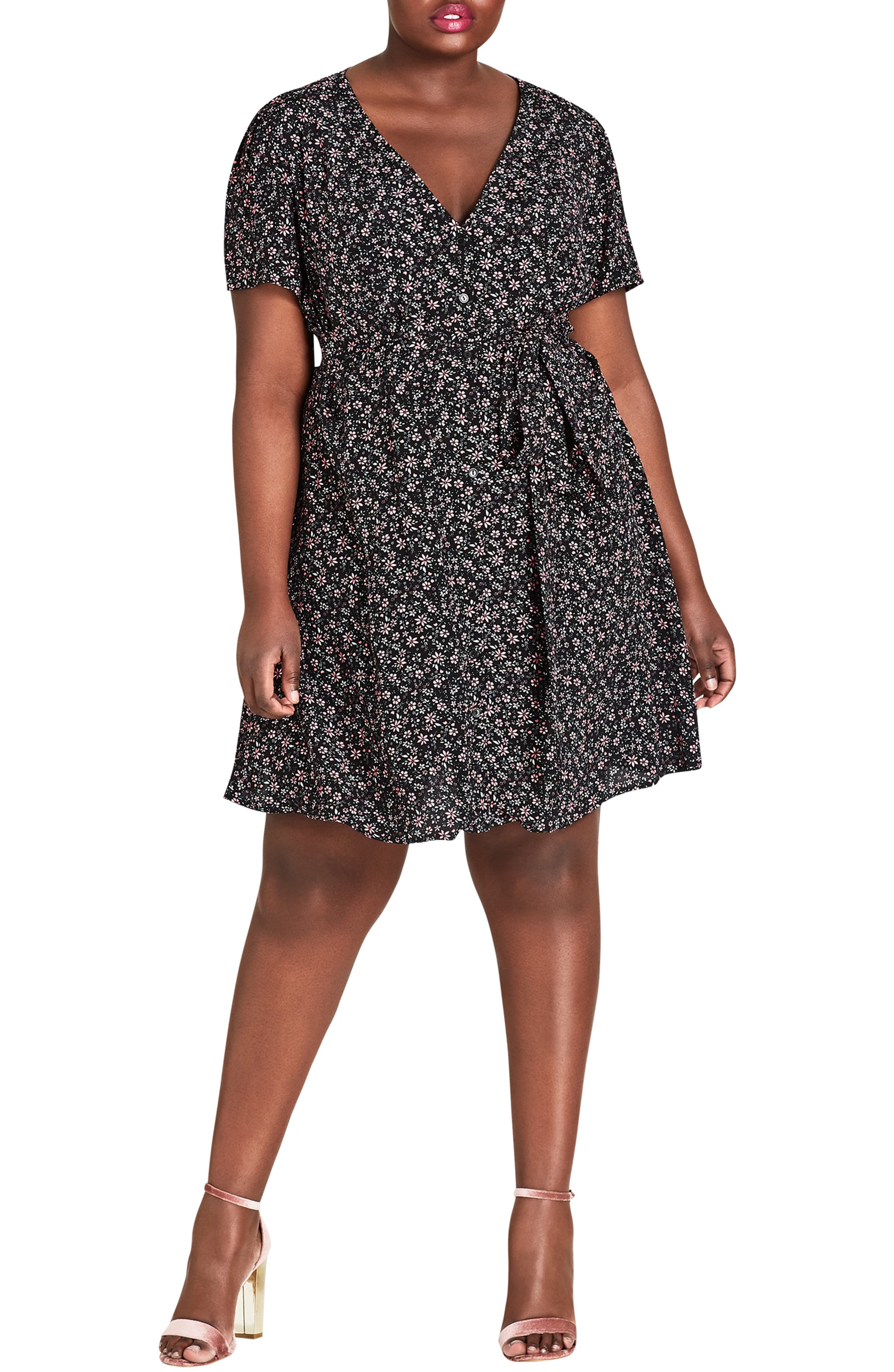 Plus Size City Chic Floral Ditsy Fit & Flare Dress, Black