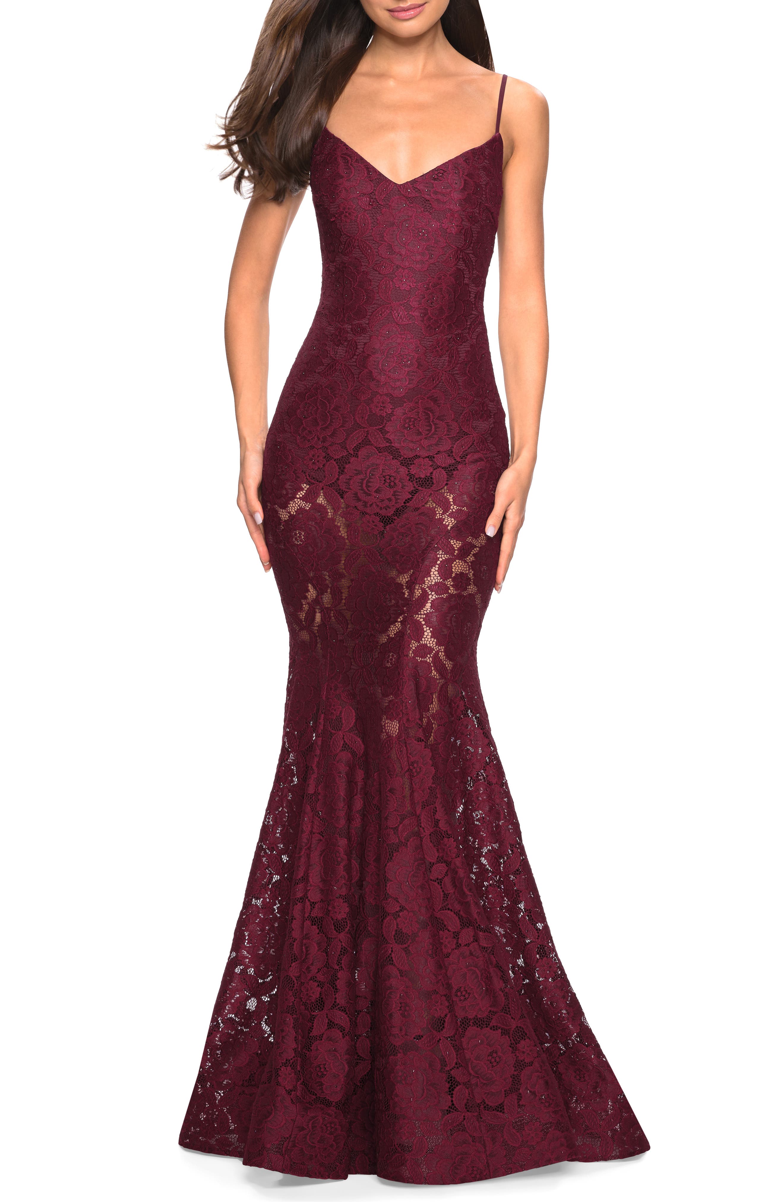 La Femme Stretch Lace Mermaid Evening Dress, Burgundy