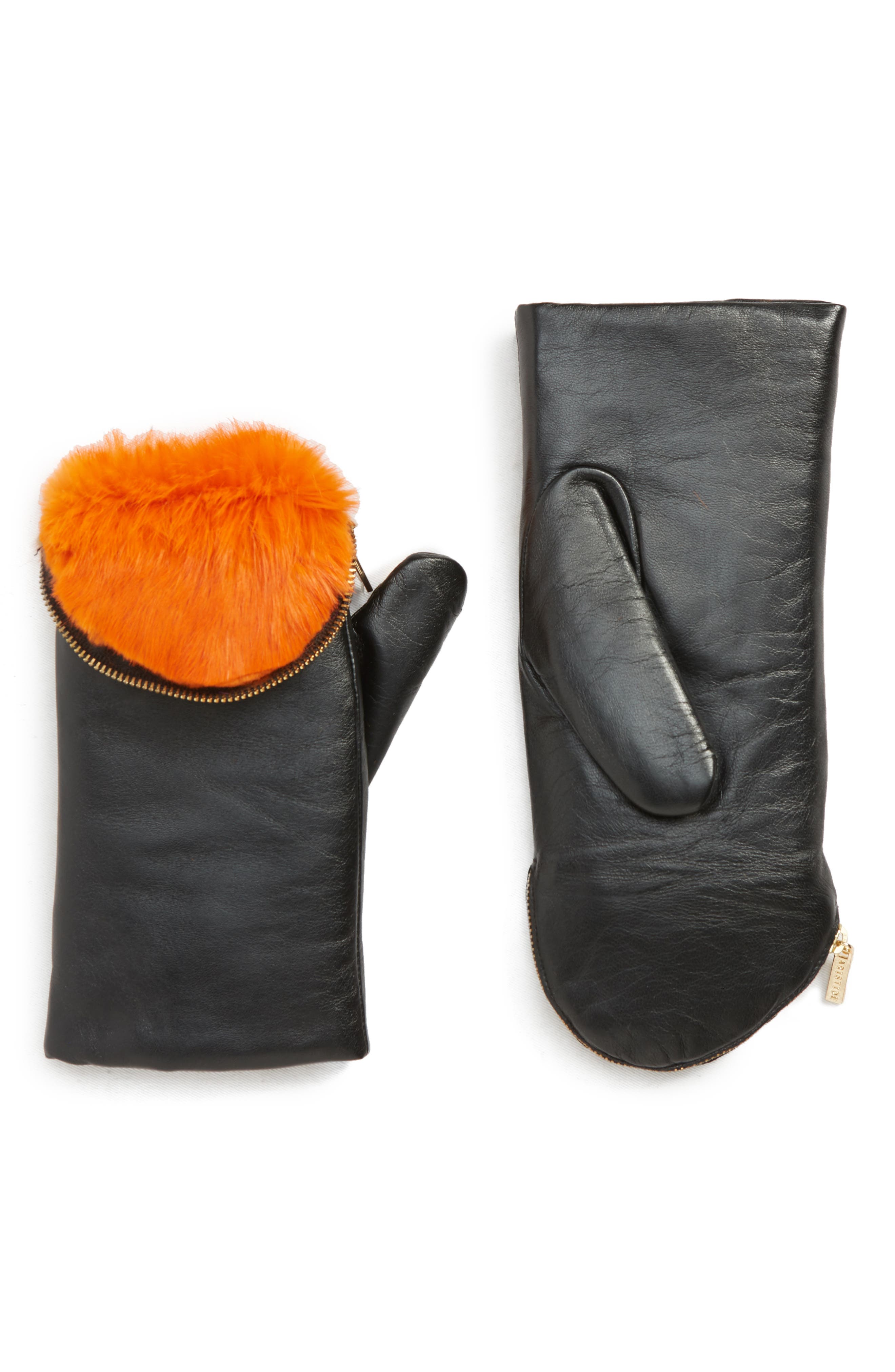 Aristide Genuine Rabbit Fur Lined Lambskin Leather Zip Mittens, Orange