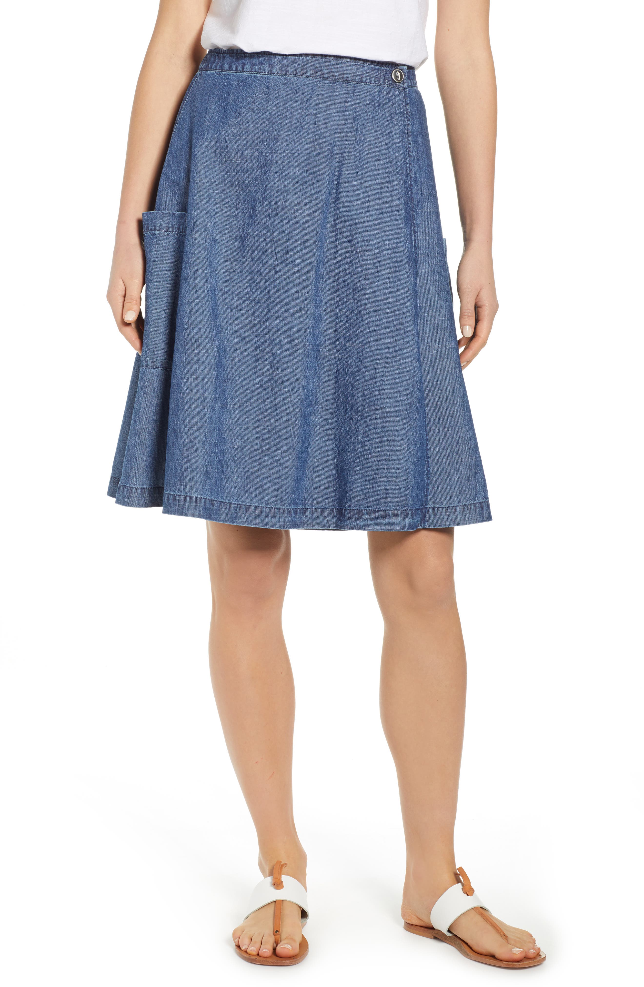 Petite Caslon Side Pocket Chambray Wrap Skirt, Blue