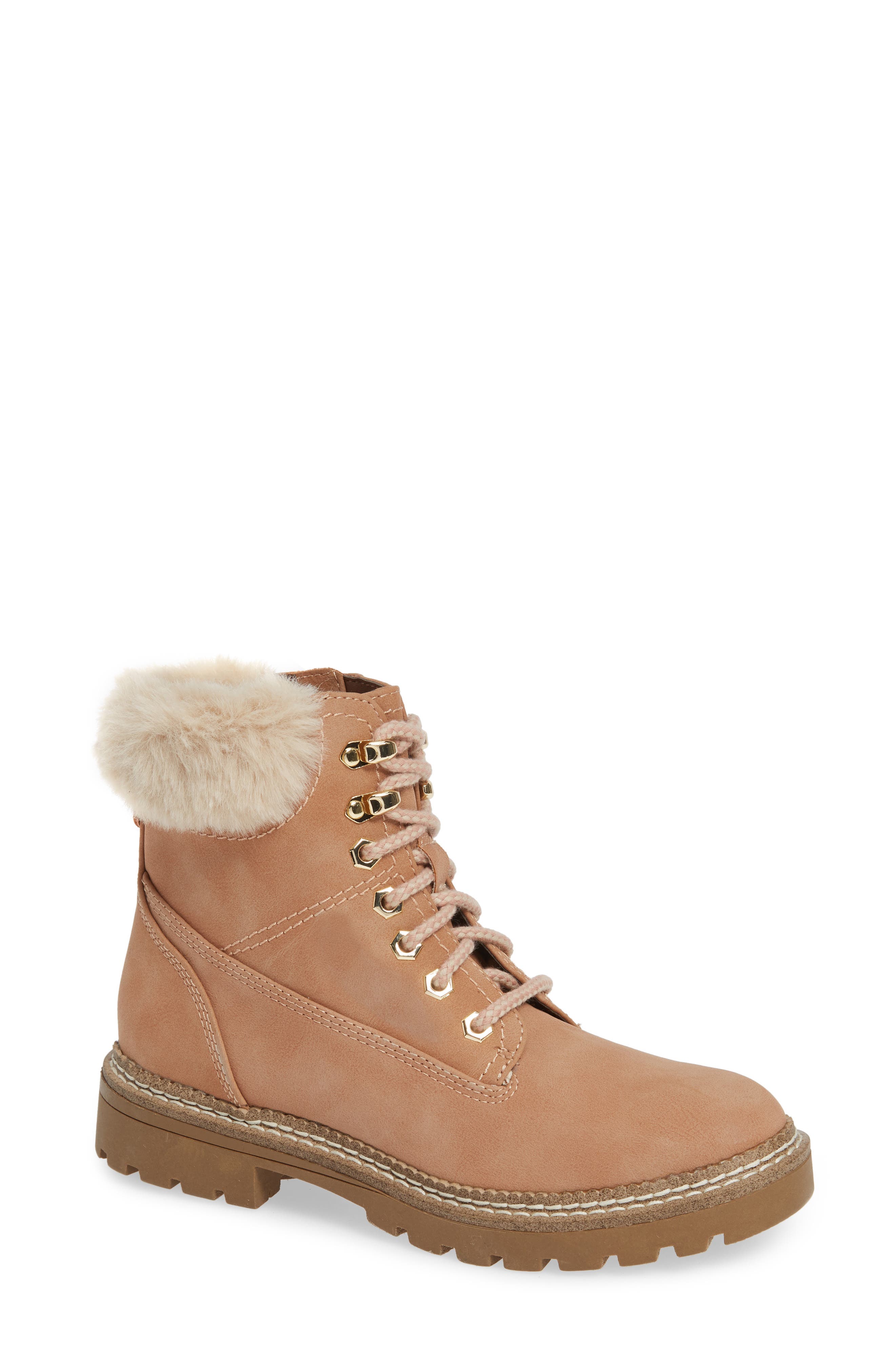 Steve Madden Alaska Lace-Up Bootie With Faux Fur Cuff- Beige