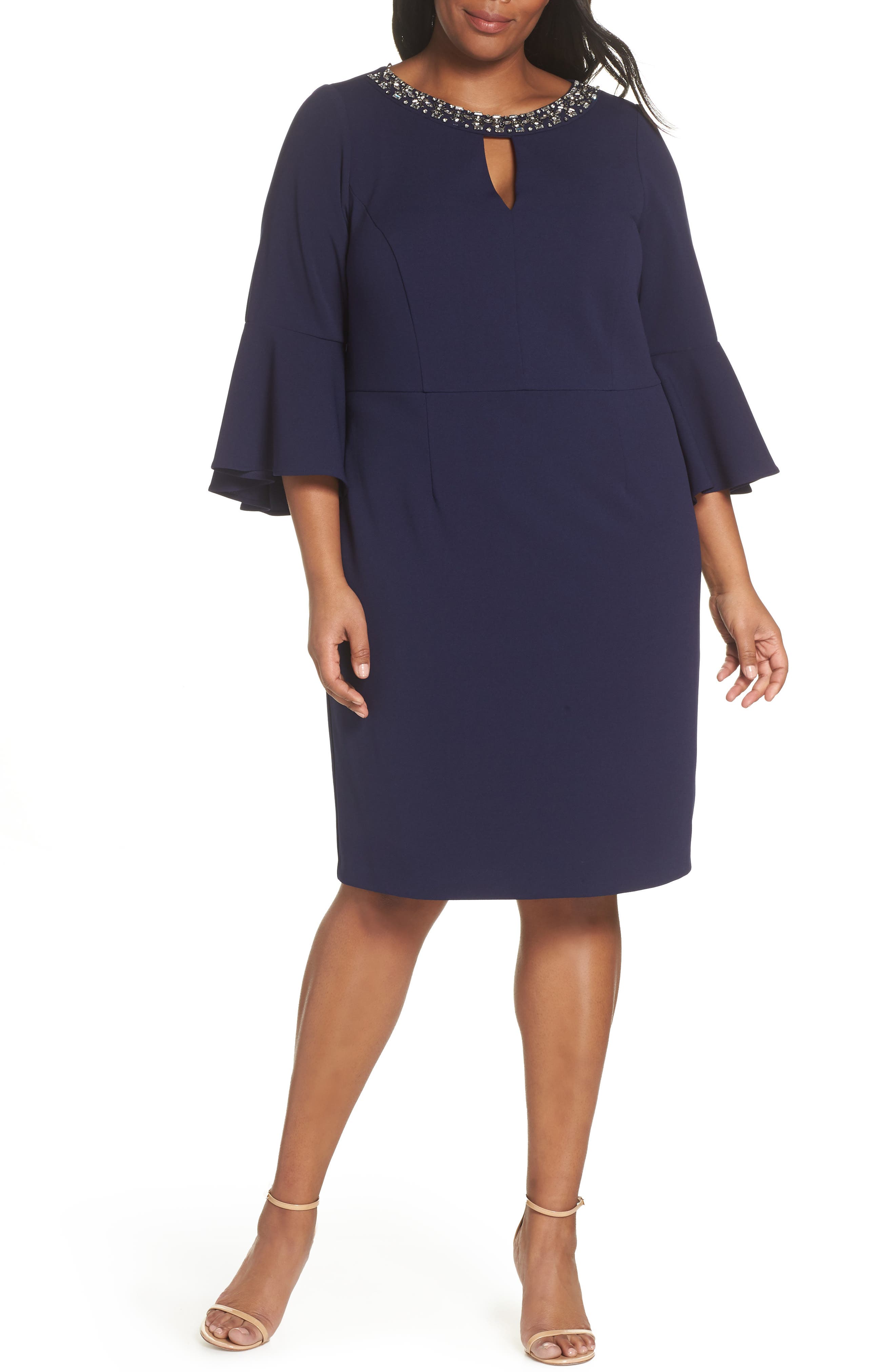 Plus Size Vince Camuto Embellished Neck Sheath Dress, Blue