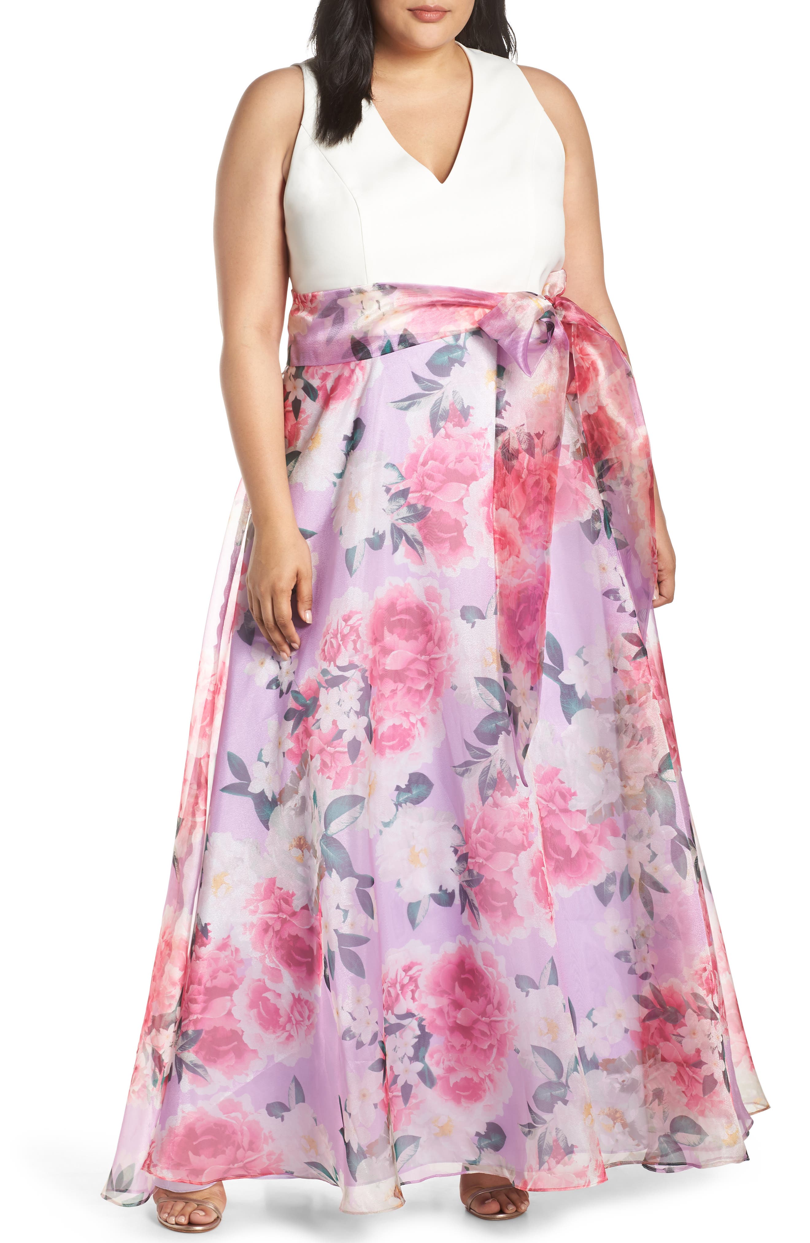 Plus Size Eliza J Floral Chiffon Evening Dress, Ivory