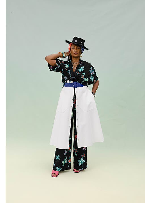 A model wears a Nordstrom by Cristina Martinez outfit.