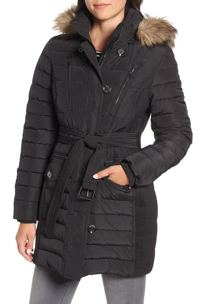 London Fog Belted Down Coat with Faux Fur Trim | Nordstrom