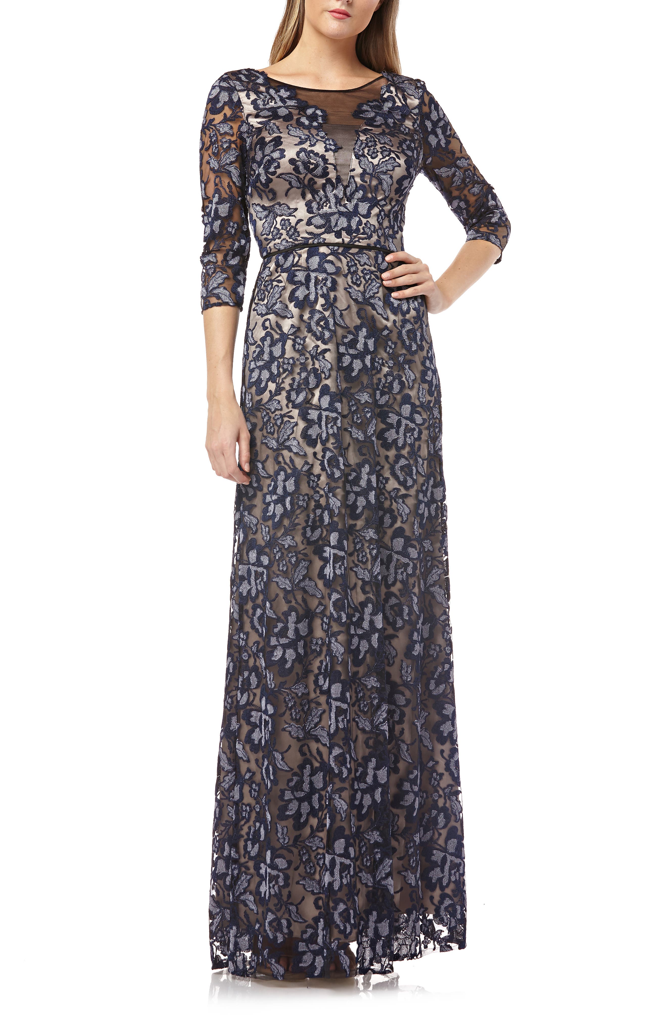 Js Collections Floral Embroidered Mesh Gown, Blue