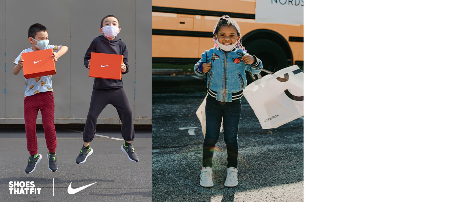 Kids with new shoes from Shoes That Fit, Nordstrom and Nike.